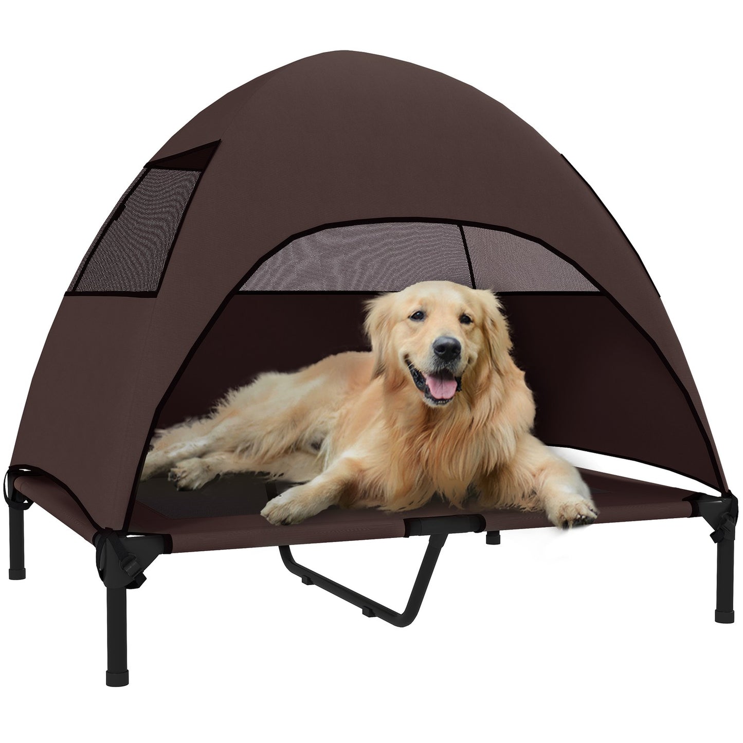 Outdoor raised dog bed with canopy - large, cooling, washable