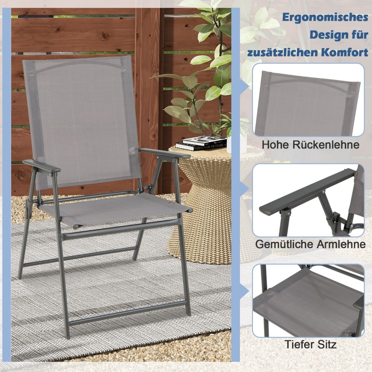 Outdoor Folding Chair Set, High Back, Breathable Fabric