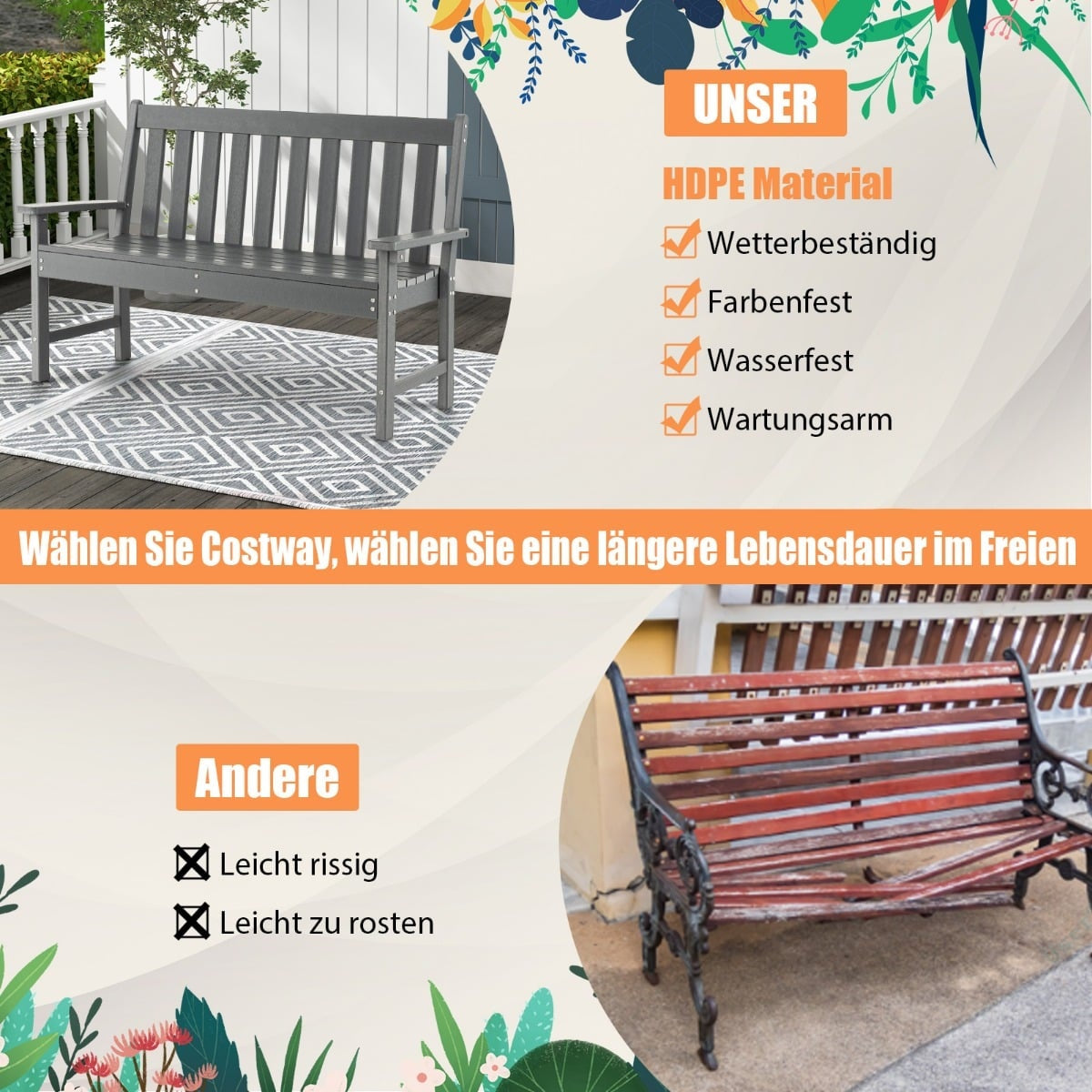 Outdoor Garden Bench, HDPE, 132 cm, Weatherproof, Gray