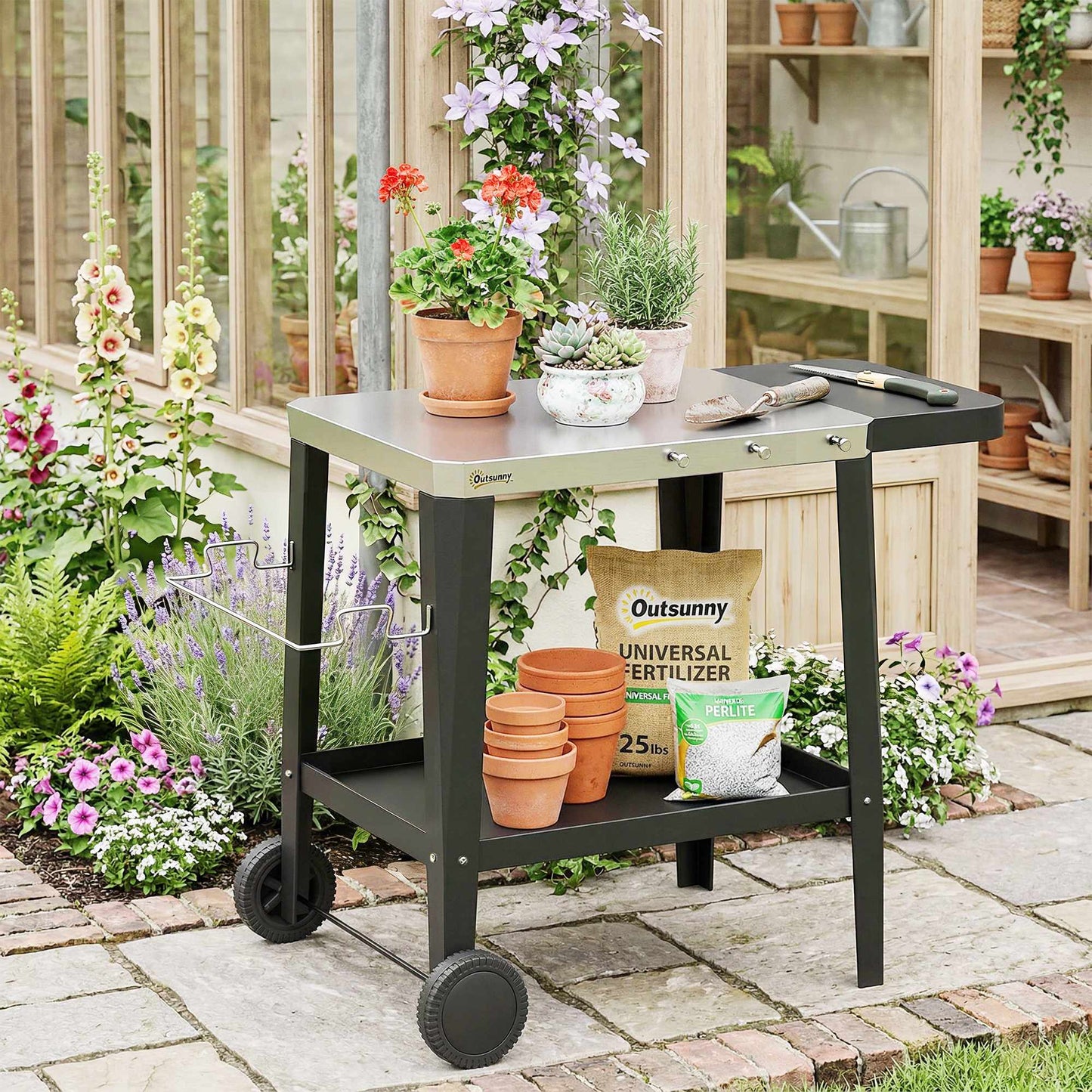 Outdoor Grill Cart with Wheels, Stainless Steel, Black, 115x67.5x80.5 cm