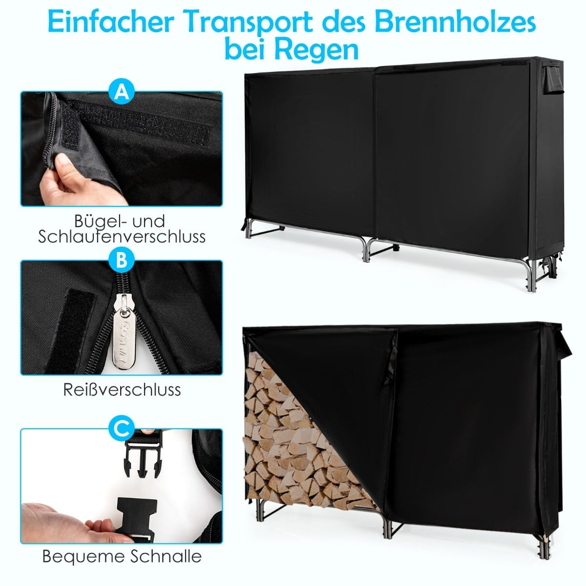 Outdoor Metal Firewood Rack with Waterproof Cover, 184x35.5x122.5 cm