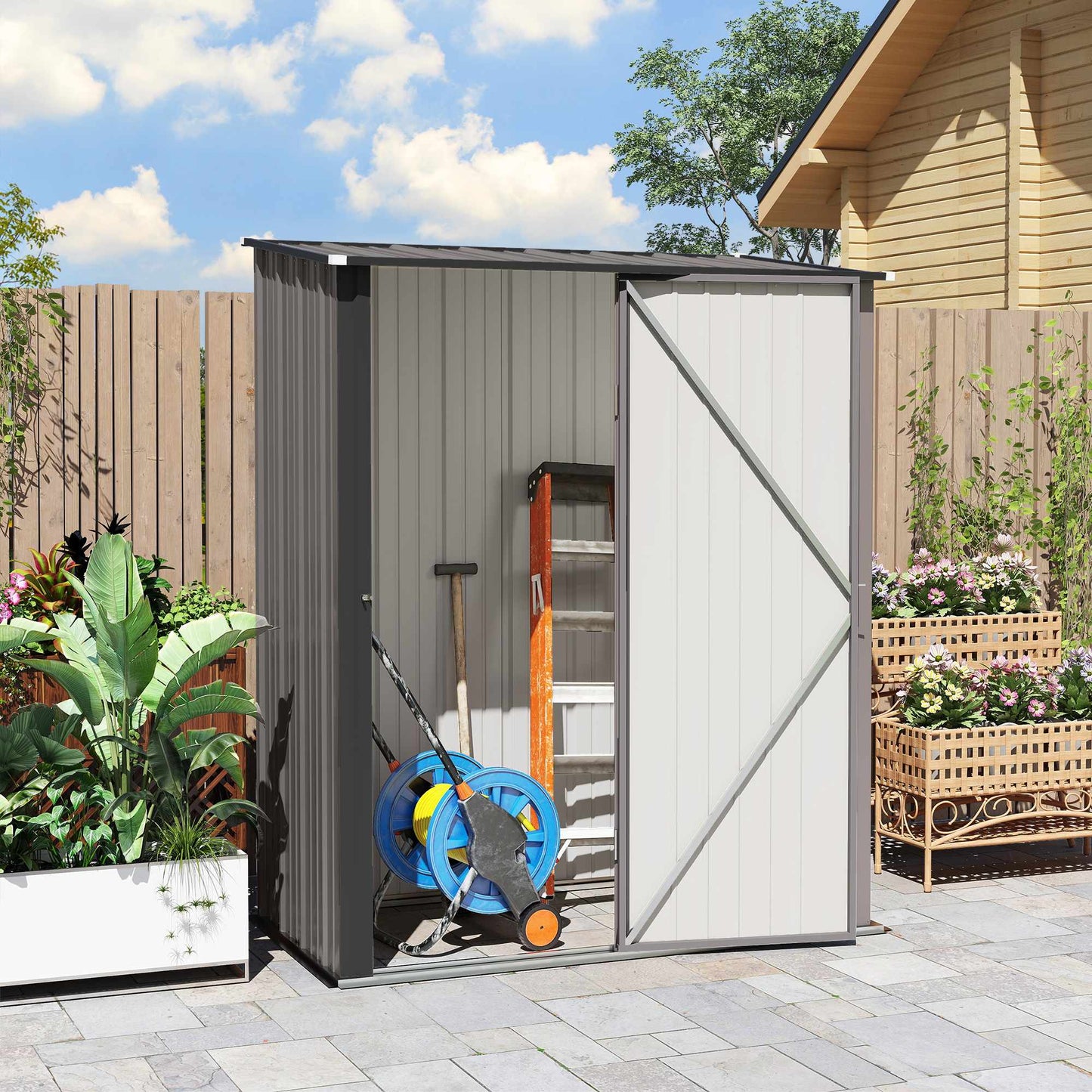 Outdoor Metal Storage Shed, Lockable Door, 161.5 x 94.5 x 196 cm