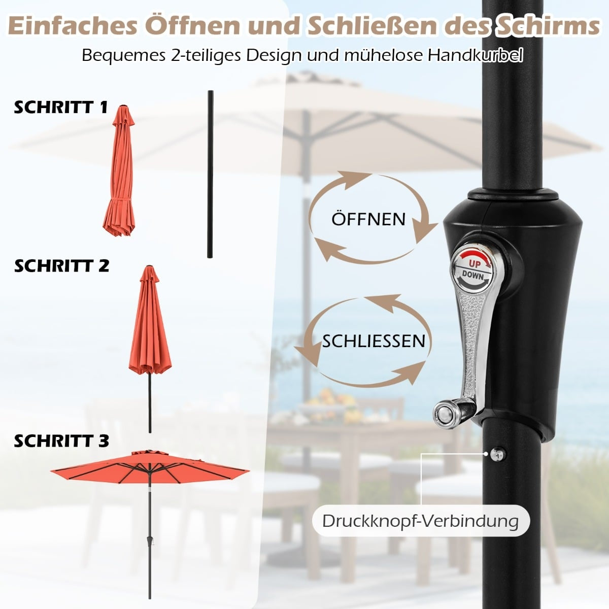 Outdoor Patio Umbrella, 300cm, Tilt & Crank, Orange