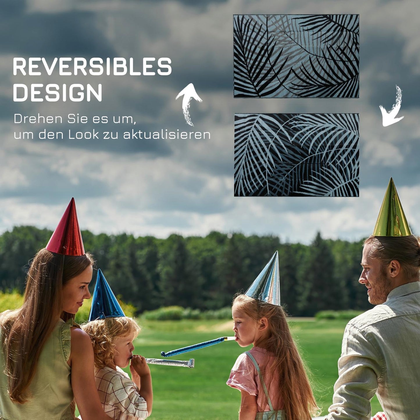 Reversible water-repellent outdoor mat, black/blue, 182x274 cm