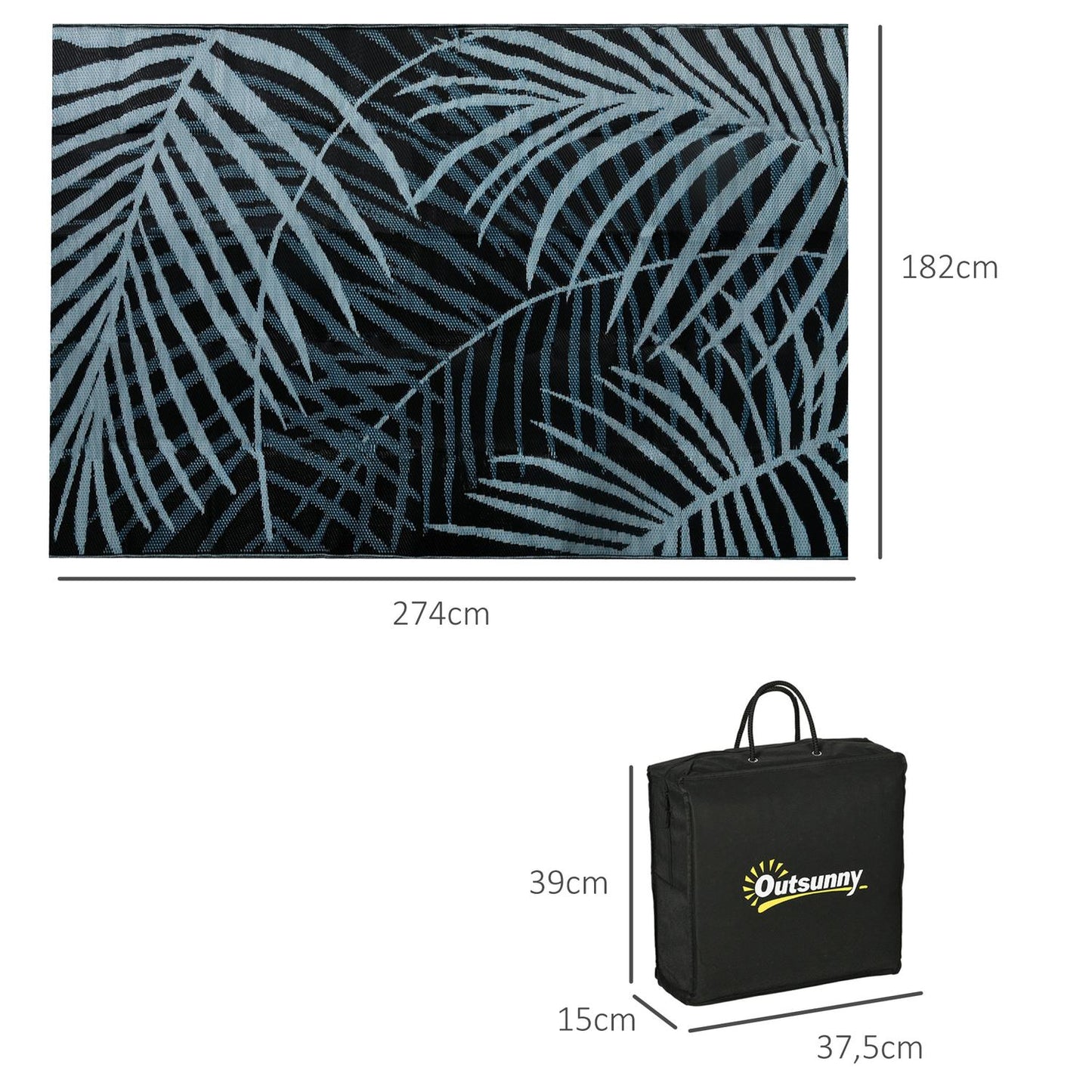 Reversible water-repellent outdoor mat, black/blue, 182x274 cm