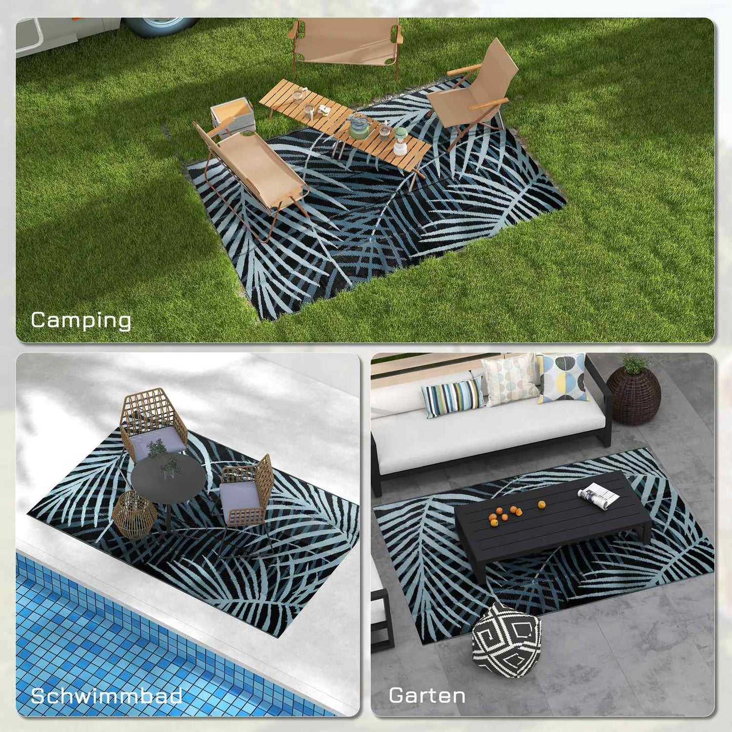 Reversible water-repellent outdoor mat, black/blue, 182x274 cm