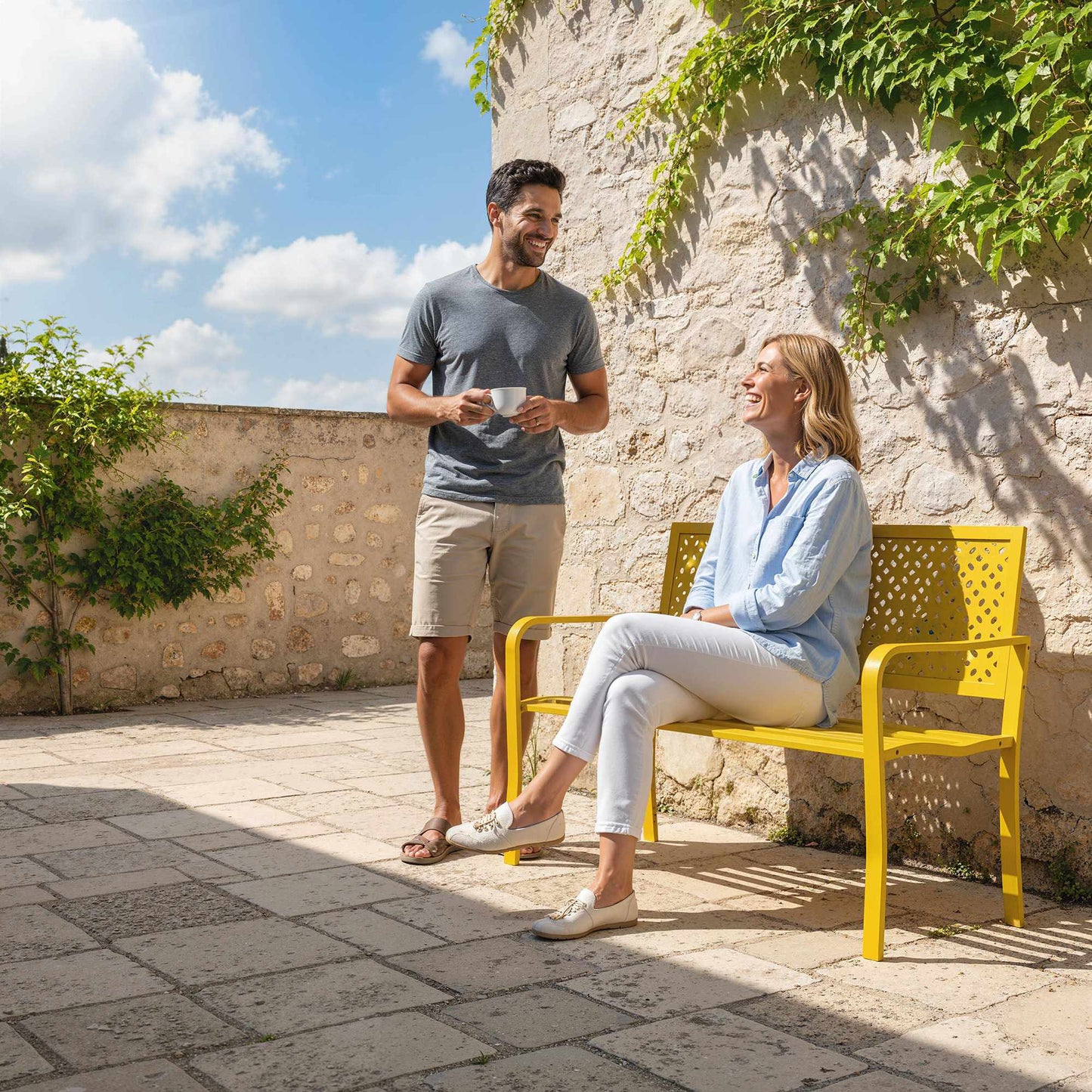 Outdoor Steel Garden Bench, Yellow, 2-Seater, Rust-Resistant