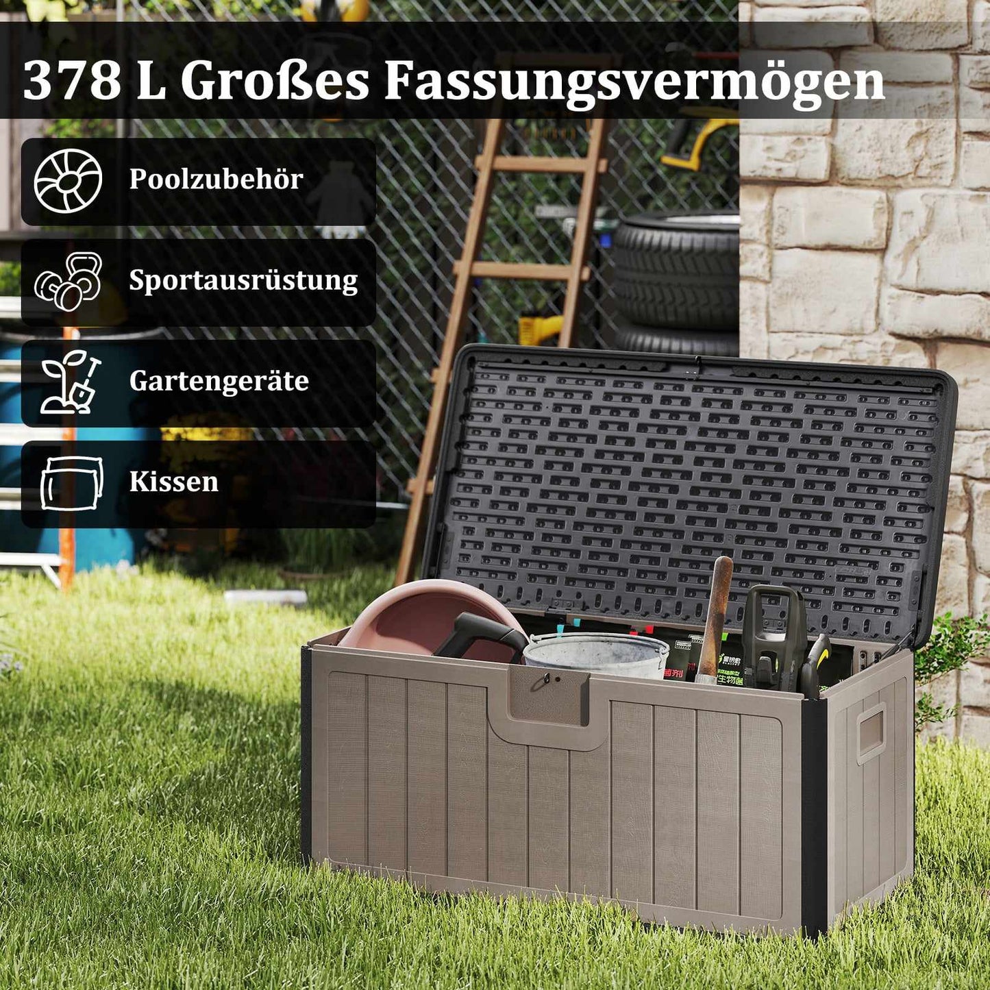 Outdoor Storage Box, 378L Waterproof, Lockable Lid, Black/Brown