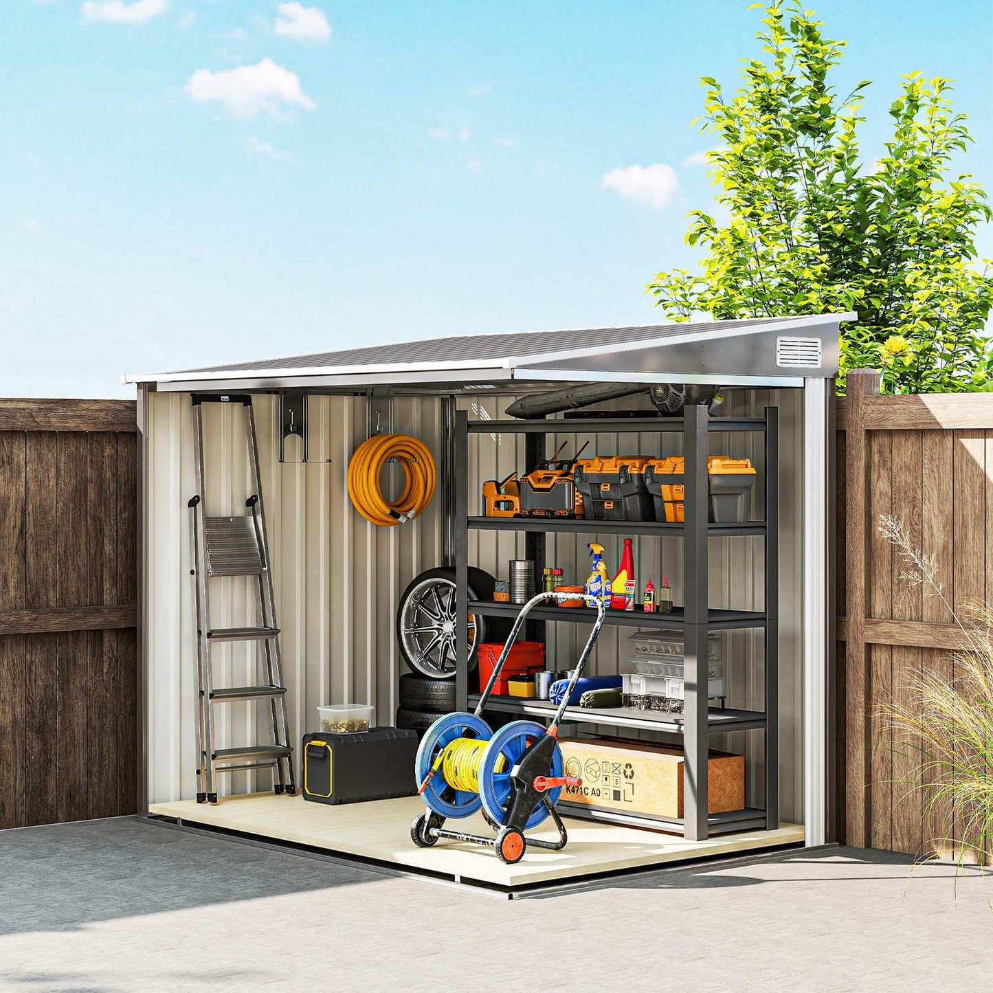 Outdoor Storage Shed, 7x5 ft, Galvanized Steel, Ventilated