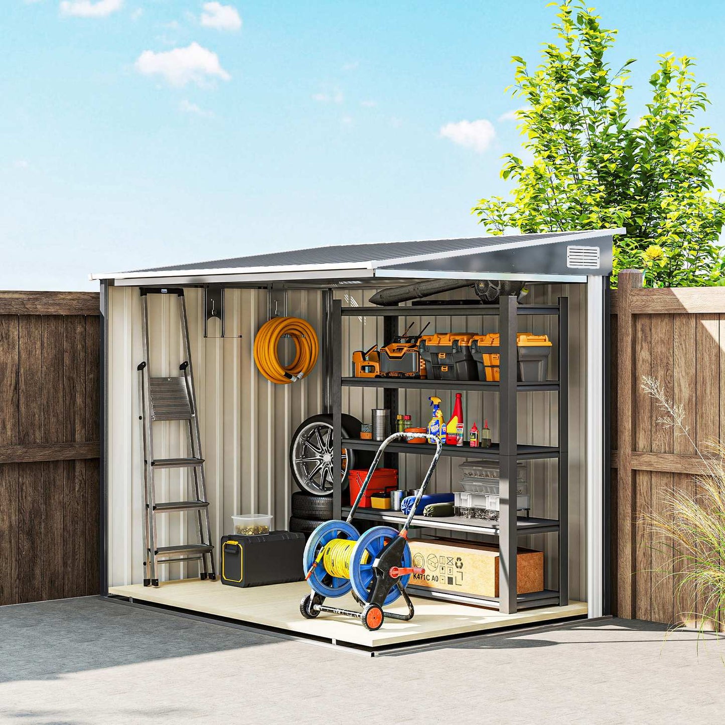 Outdoor Storage Shed, 7x5 ft, Galvanized Steel, Ventilated