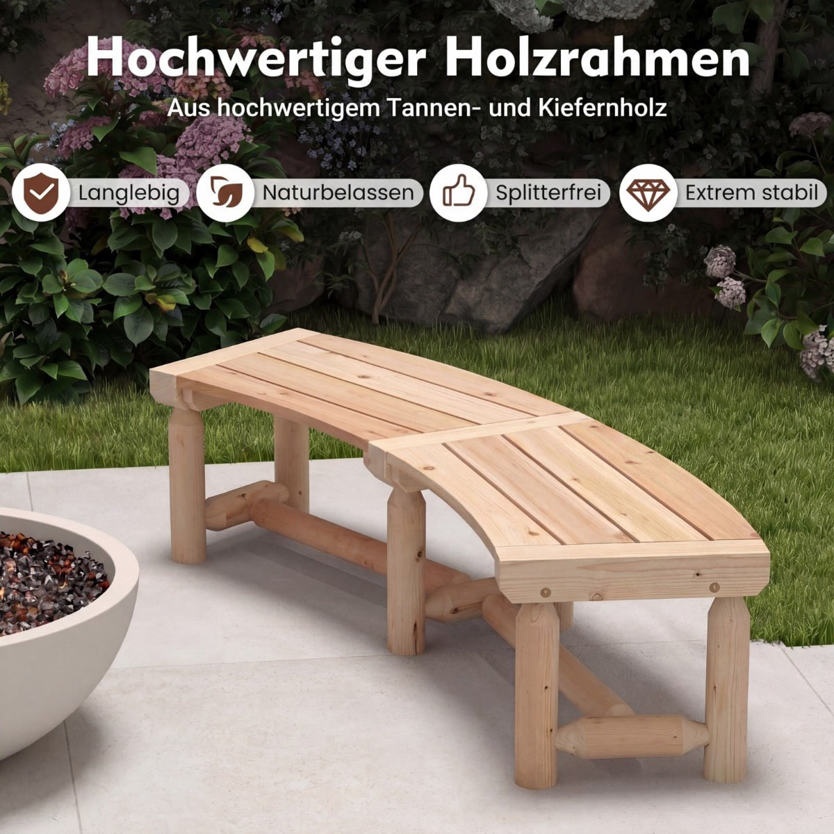 Outdoor Wooden Bench, Curved Design, 2-3 Seater, 325kg Capacity