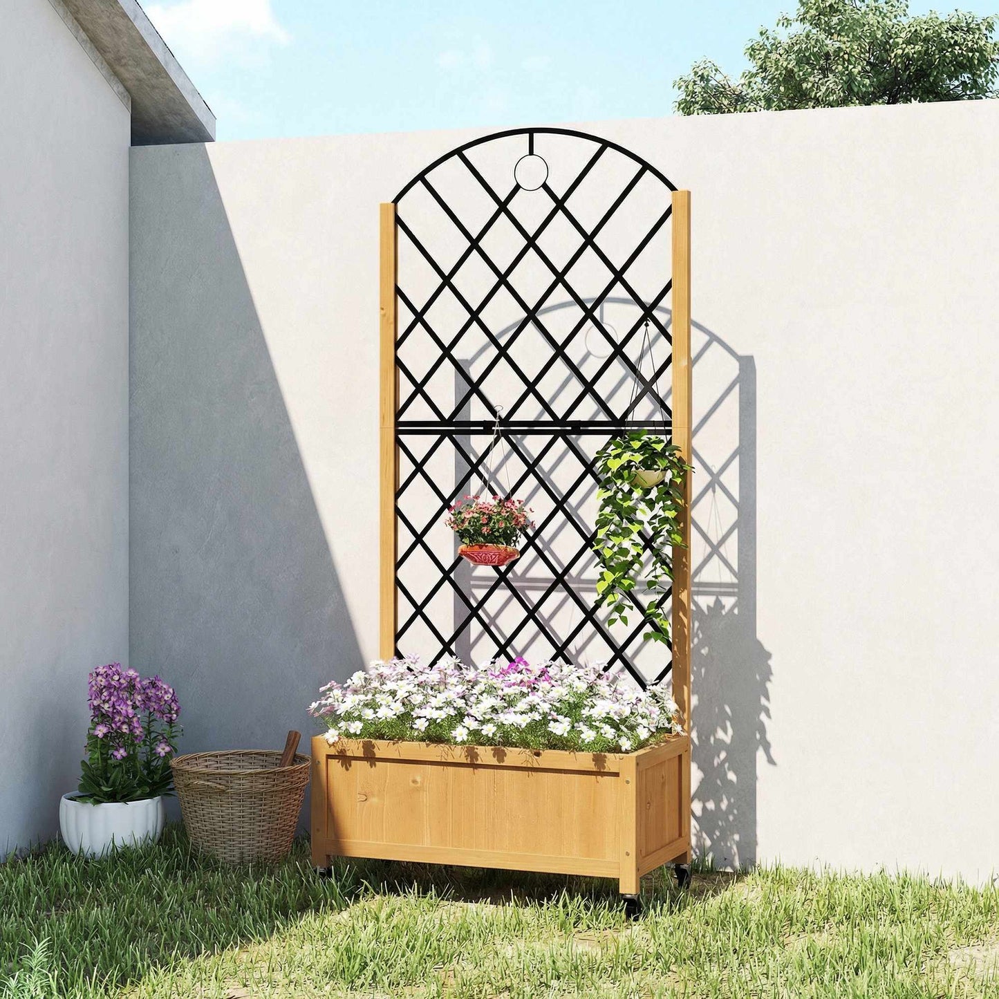 Outdoor Wooden Planter Box with Wheels and Trellis