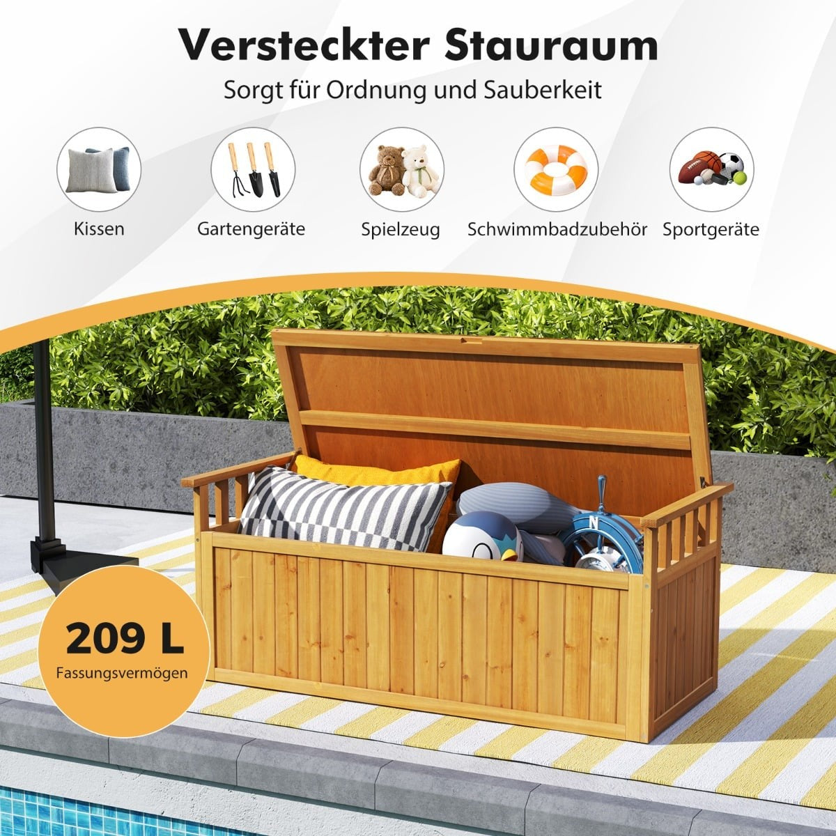 Outdoor Wooden Storage Bench, 2-Seater with Armrests