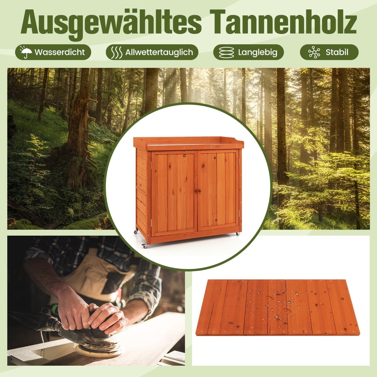 Outdoor Wooden Storage Cabinet with Wheels, Weatherproof