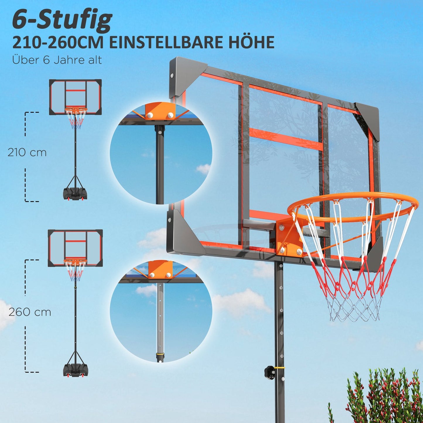 Adjustable basketball hoop for children, 210-260 cm, with wheels