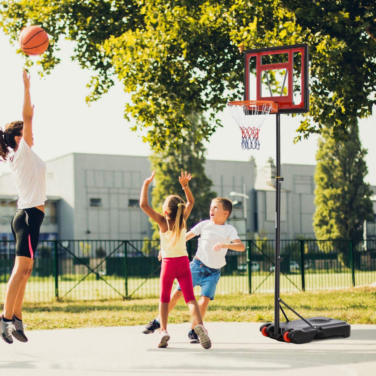 Height adjustable basketball hoop with wheels for teenagers