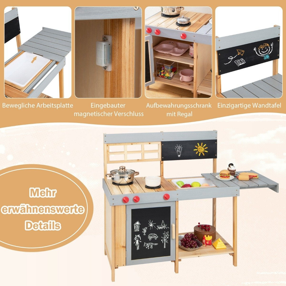 Outdoor children's mud kitchen set wooden play kitchen 89 x 45 x 90 cm natural + gray