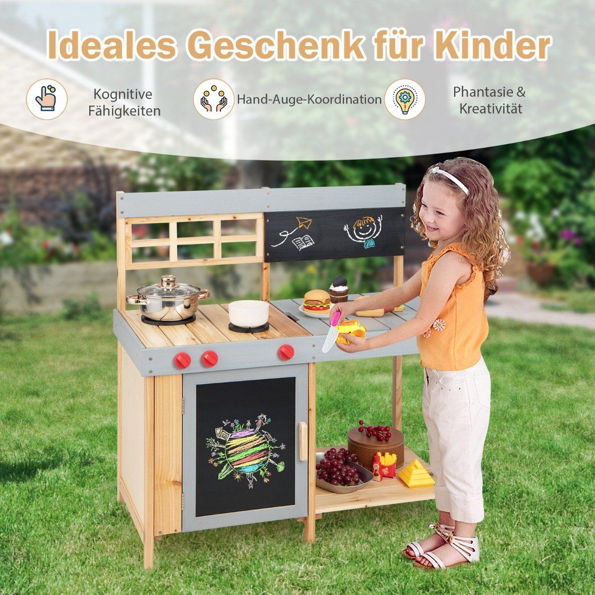 Outdoor children's mud kitchen set wooden play kitchen 89 x 45 x 90 cm natural + gray