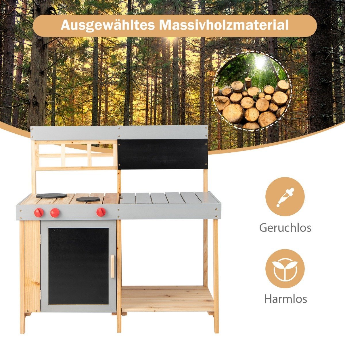 Outdoor children's mud kitchen set wooden play kitchen 89 x 45 x 90 cm natural + gray