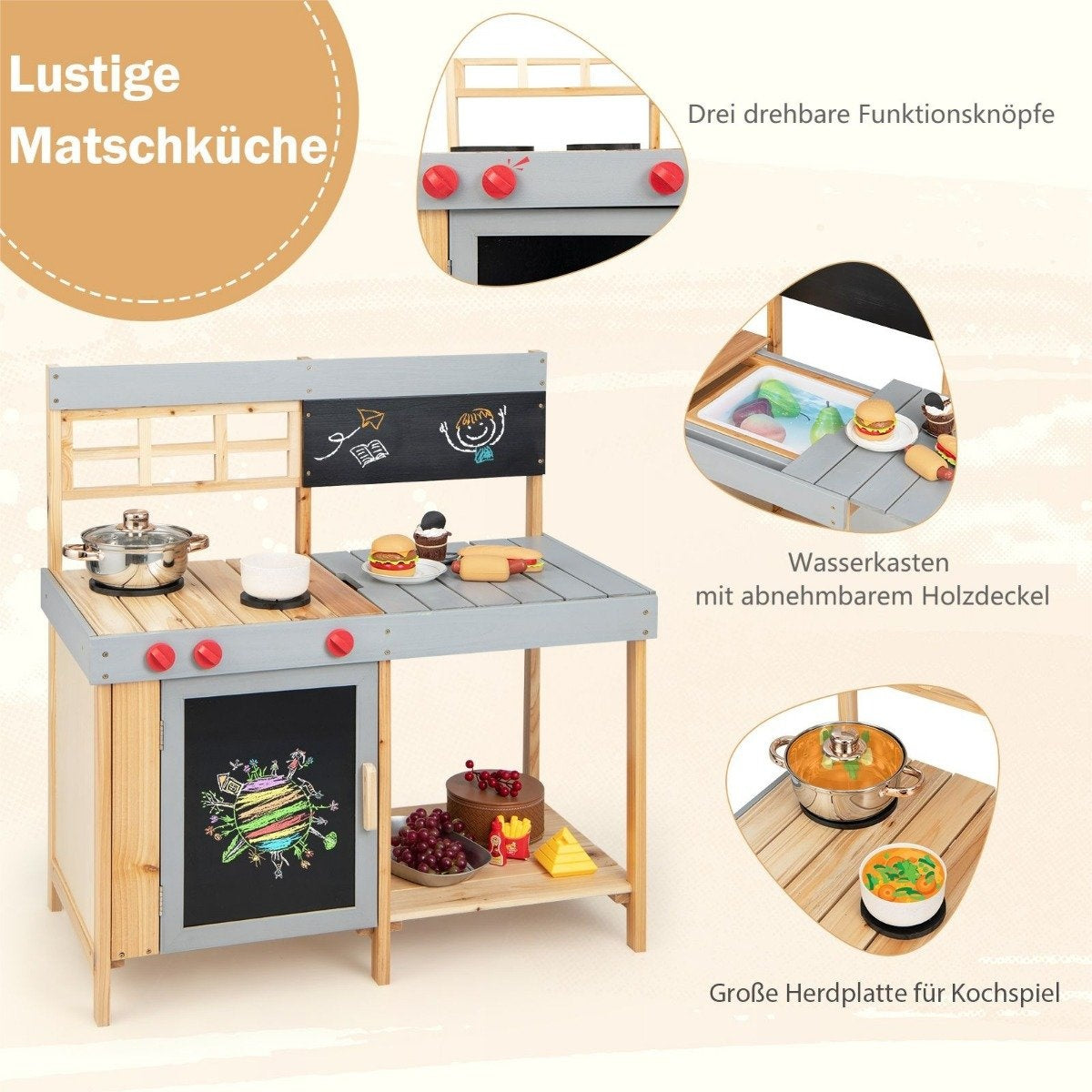Outdoor children's mud kitchen set wooden play kitchen 89 x 45 x 90 cm natural + gray