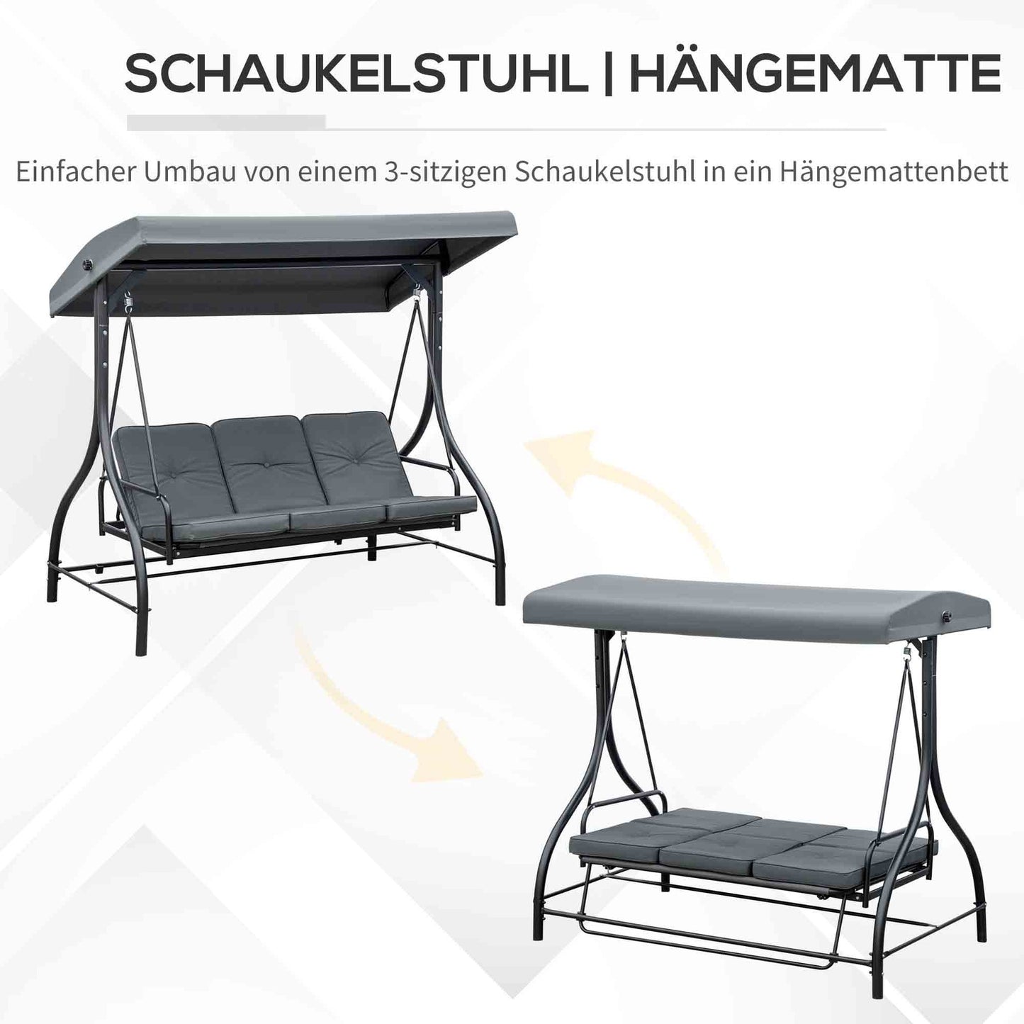 2-in-1 Reclining garden swing bench, 3-seater, dark grey