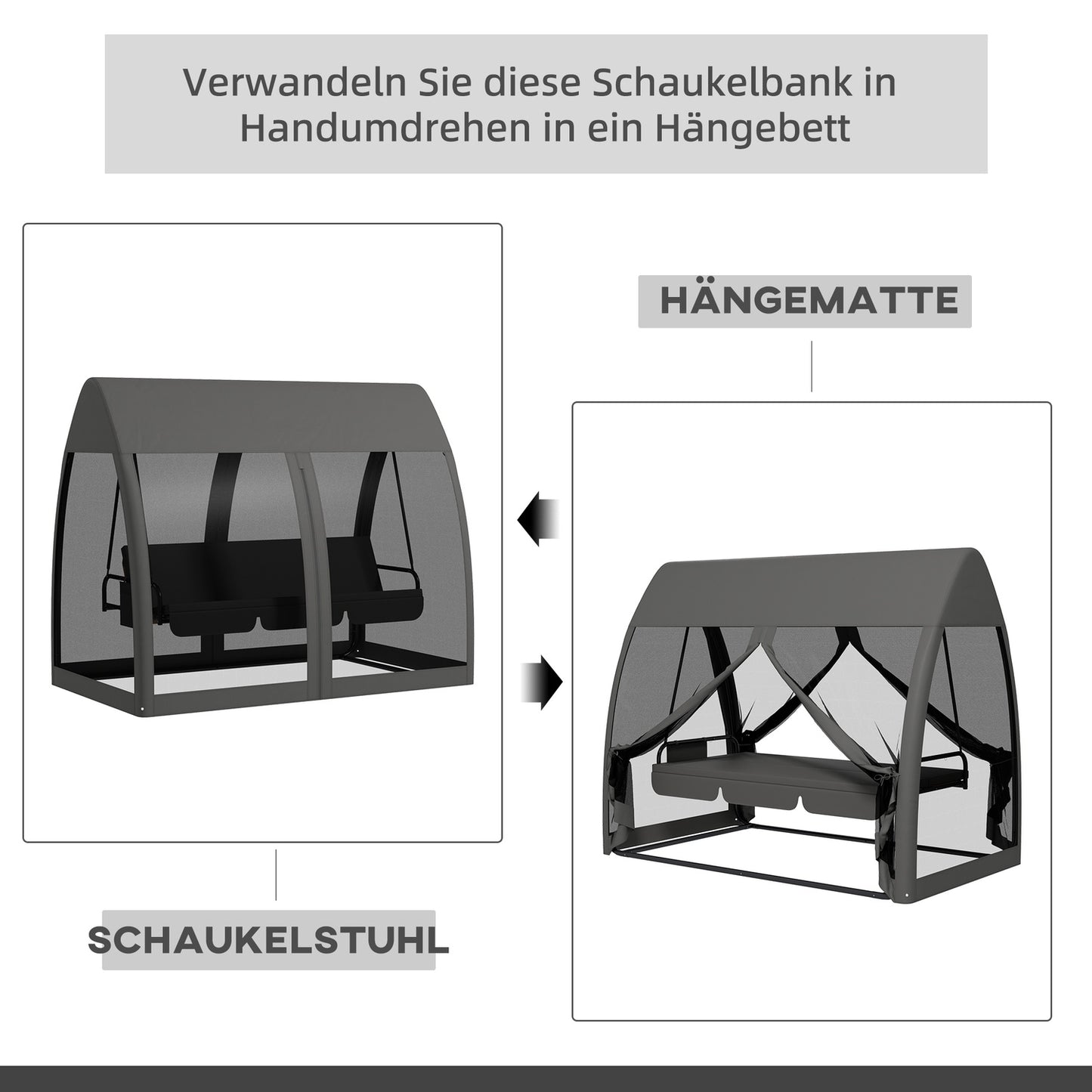 2-in-1 Gray Garden swing bench, reclining 3-seater with canopy