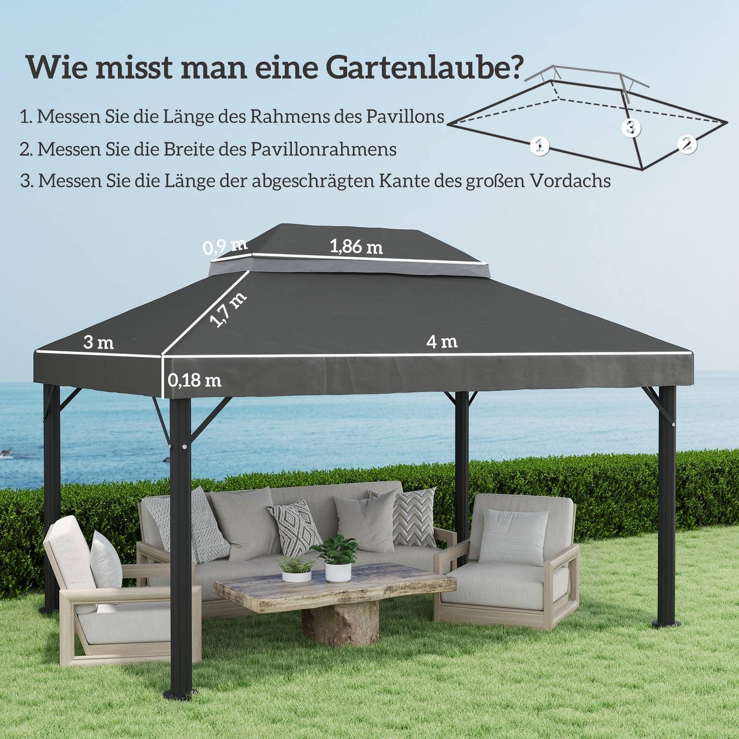 Waterproof 3x4m Gazebo roof replacement, dark grey
