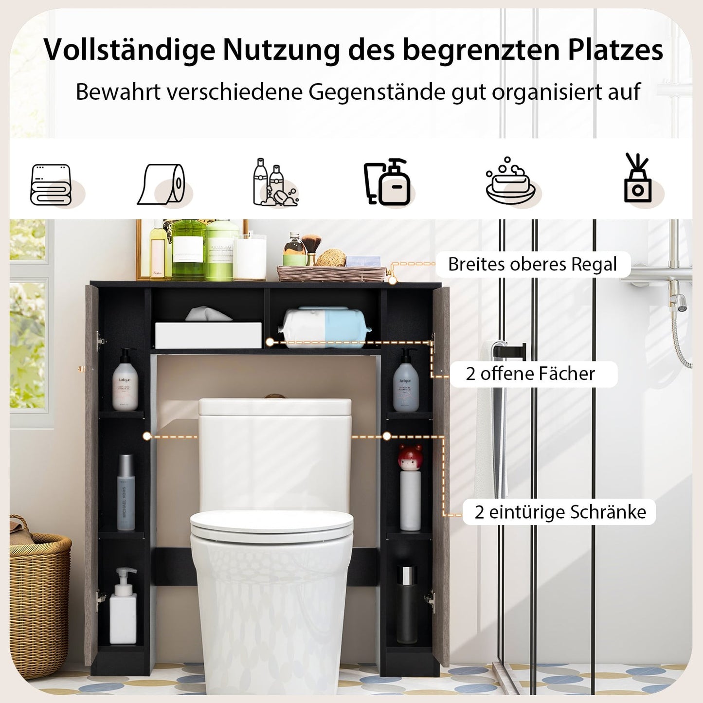 Over-Toilet Bathroom Shelf with Double Doors, Black
