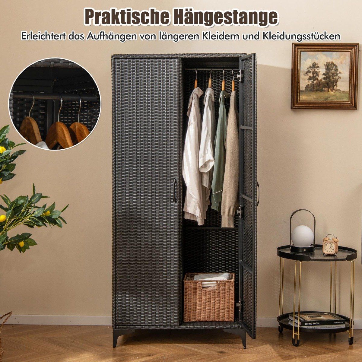 PE Rattan Wardrobe with 2 Doors & Clothes rail & 4 compartment wardrobe black