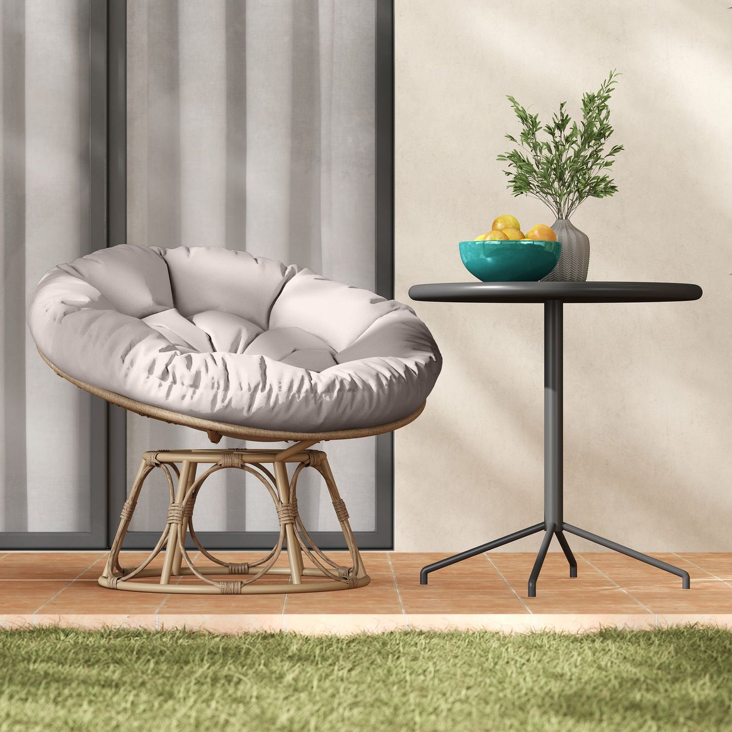 Papasan chair, 360° rotatable, rattan with cushion, light grey