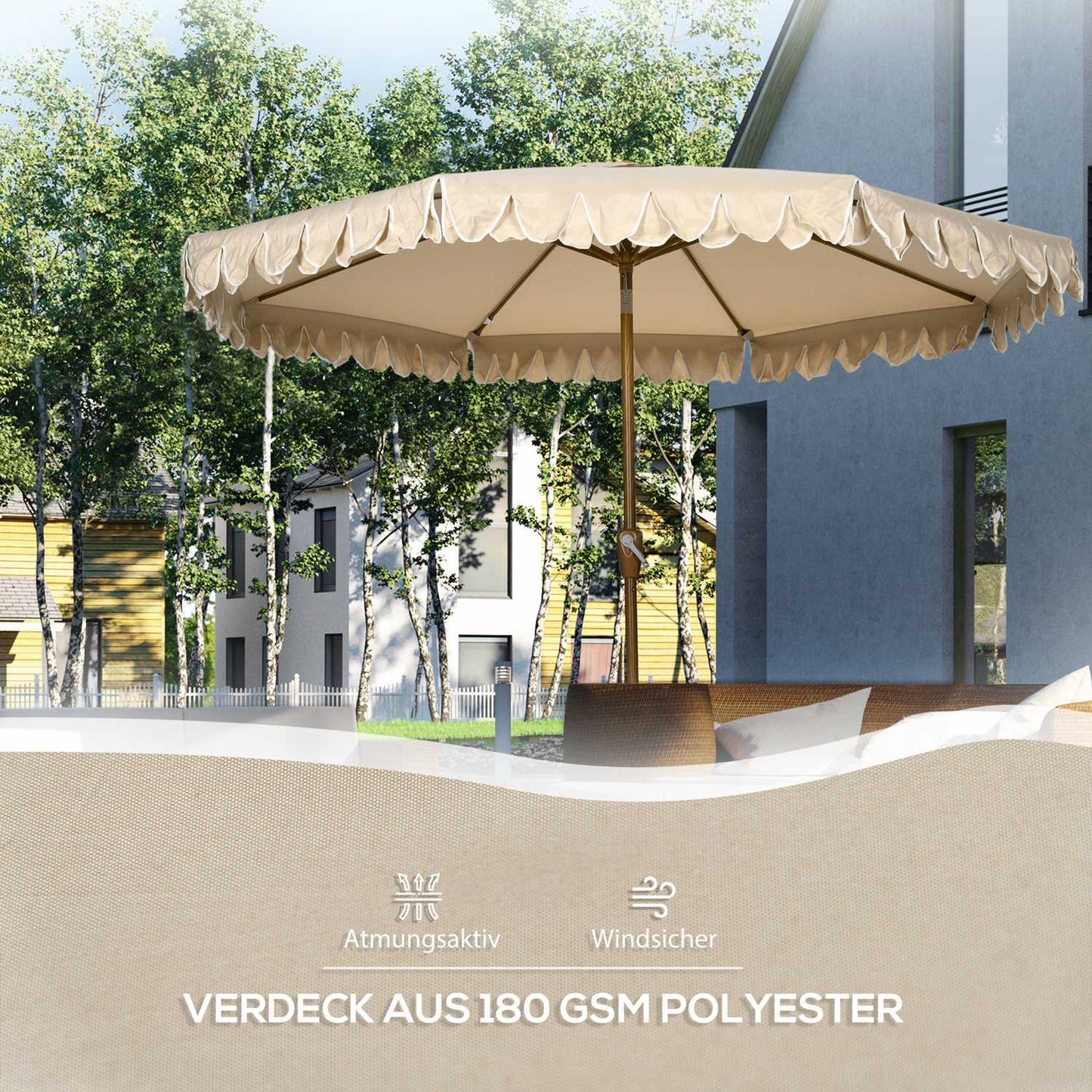 Beach umbrella 265 Cm, fringe design, adjustable tilt, khaki