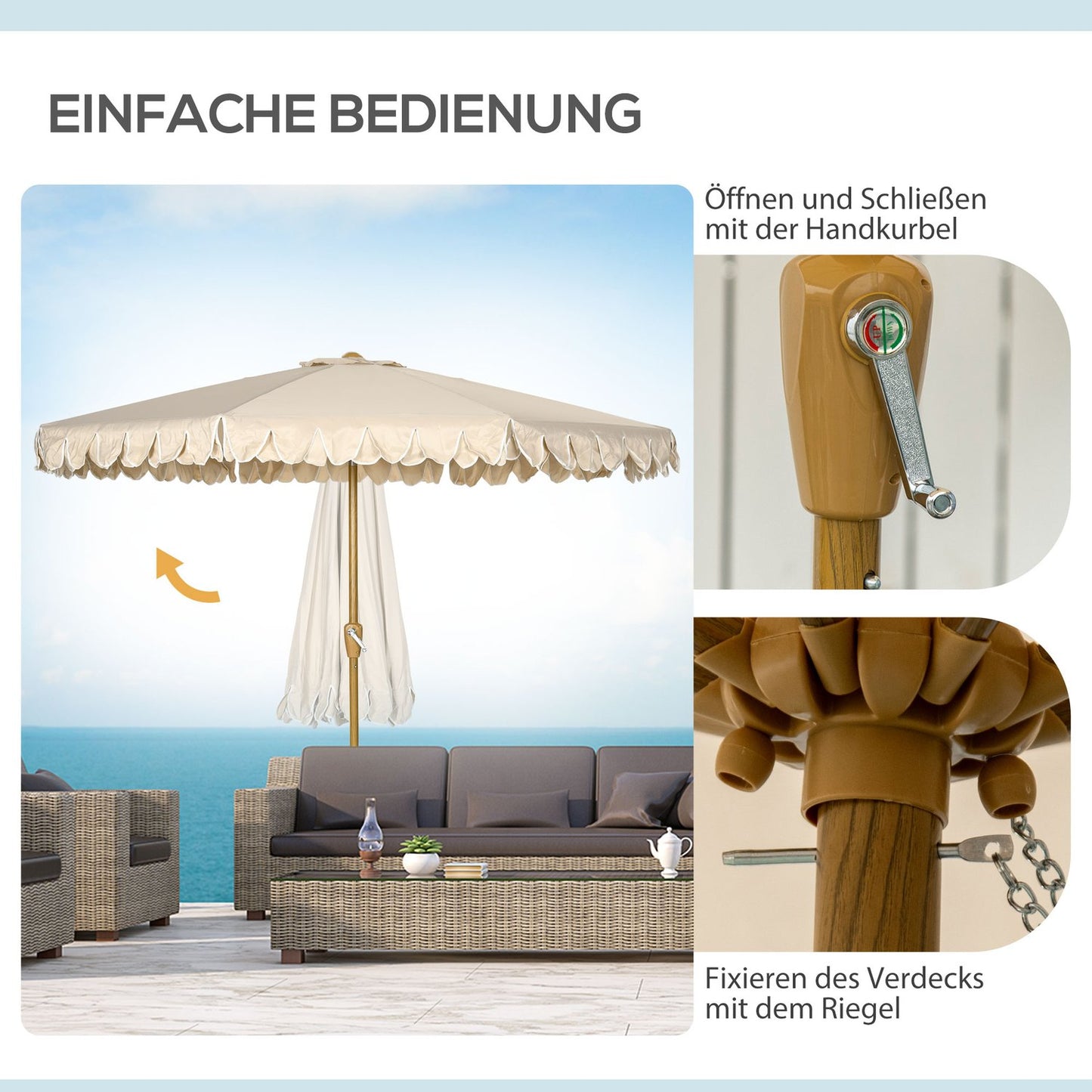 Beach umbrella 265 Cm, fringe design, adjustable tilt, khaki