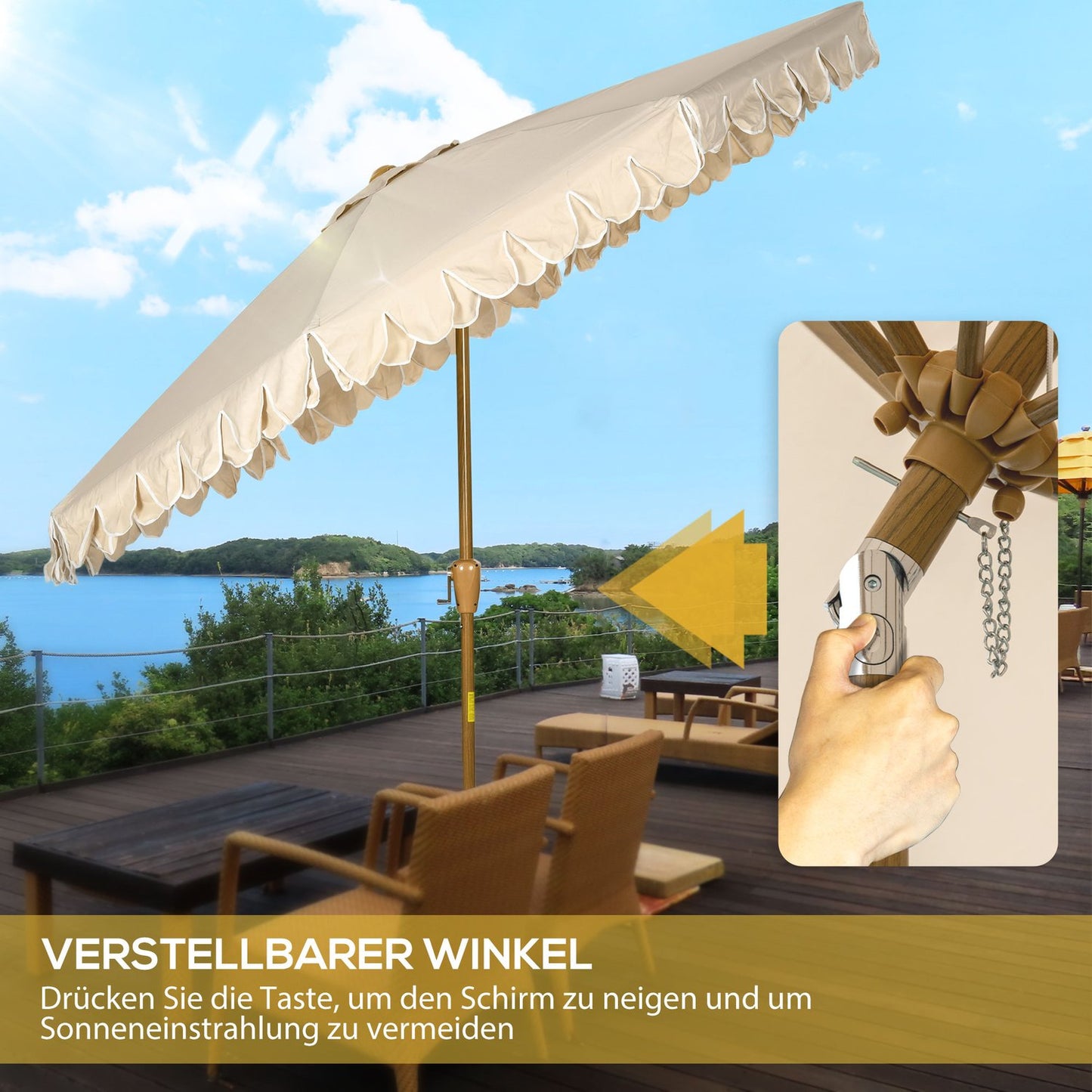 Beach umbrella 265 Cm, fringe design, adjustable tilt, khaki