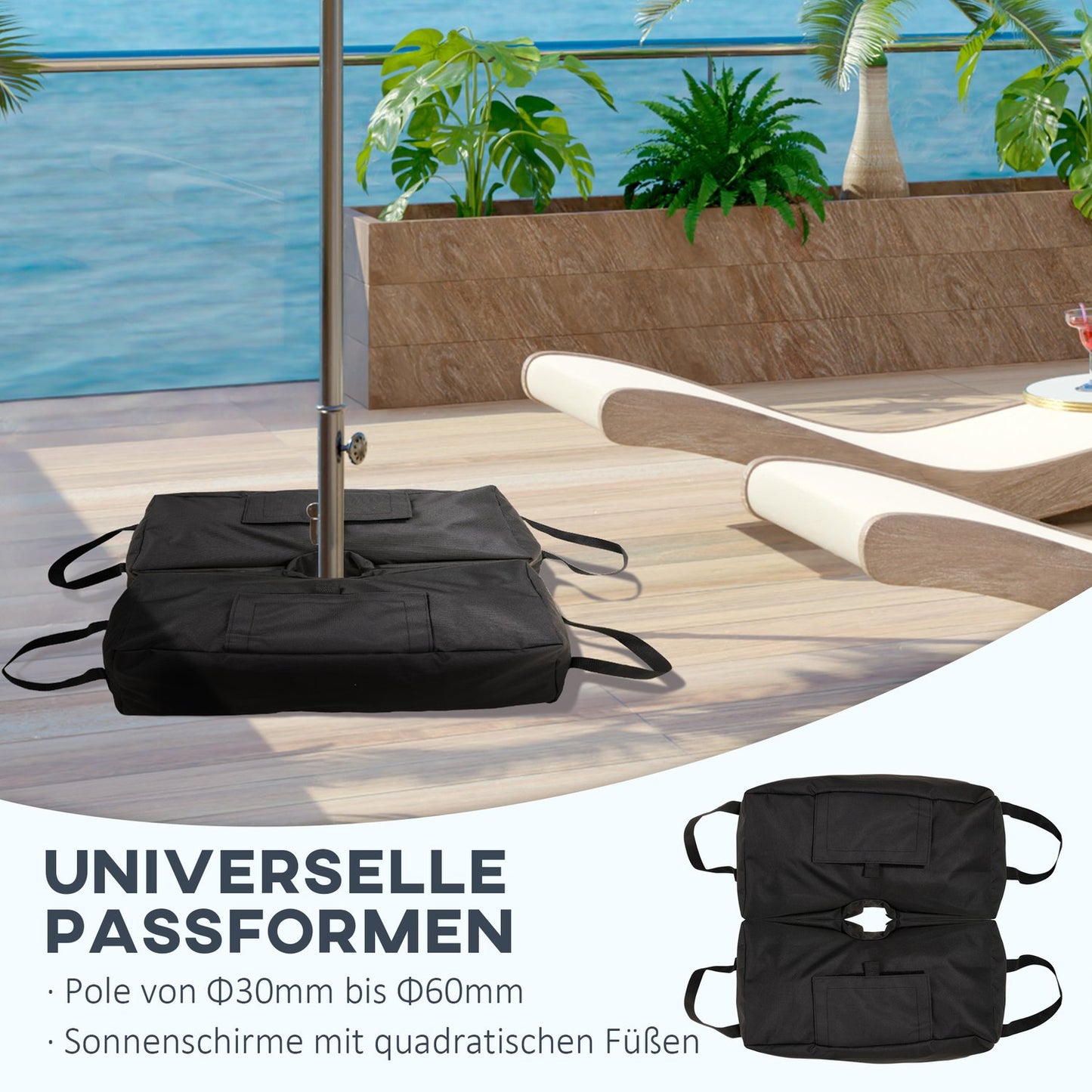 Parasol stand with shovel - 50 kg fillable sandbags, black