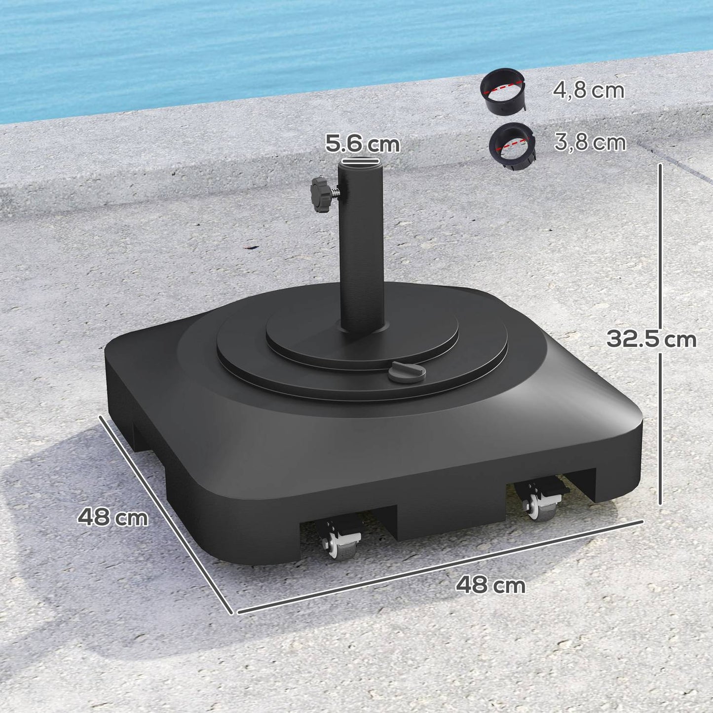 Parasol stand with wheels - square, 25 kg, black