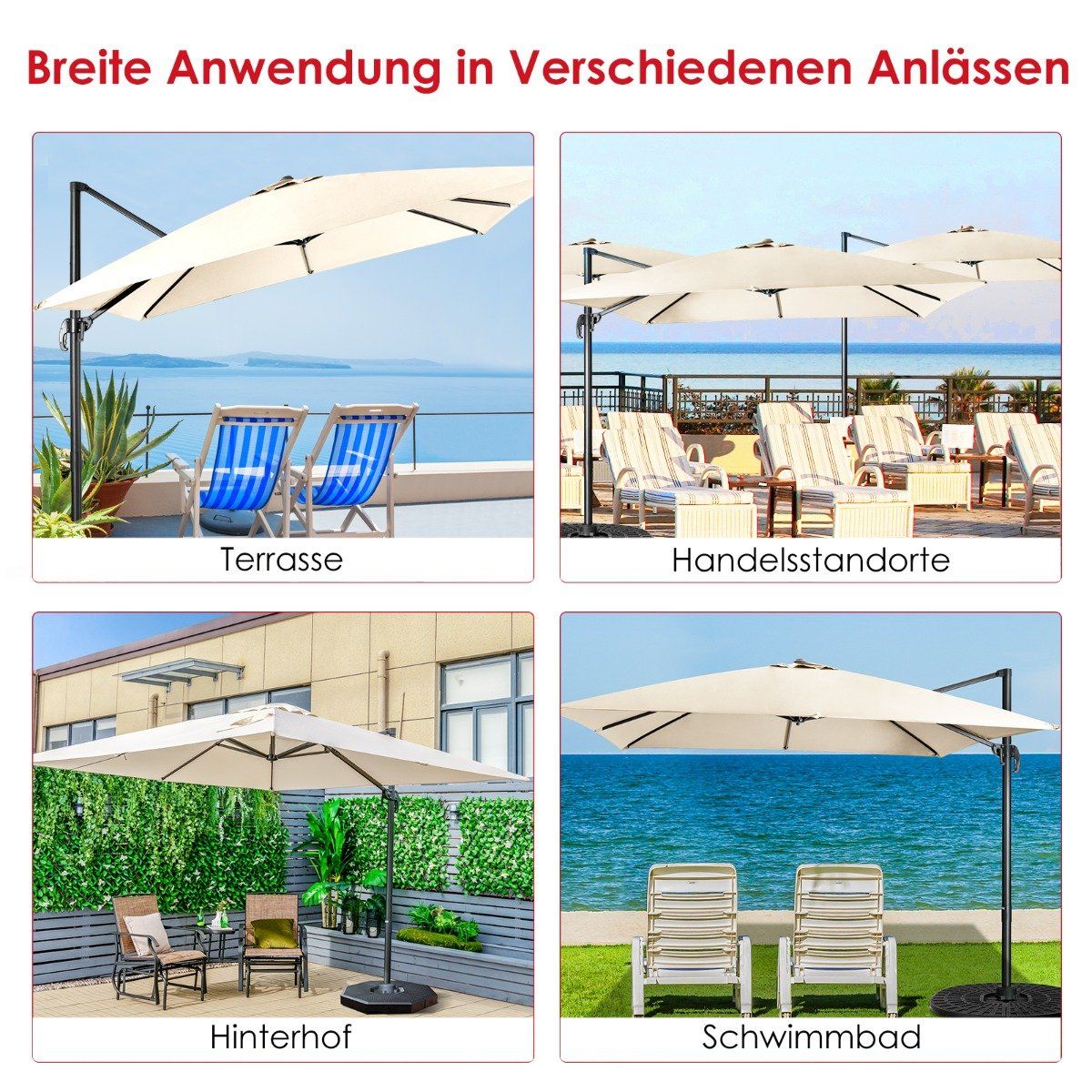 Parasol with 3 tilt settings for gardens, terraces, cafes, 300 x 300 x 273 cm, beige