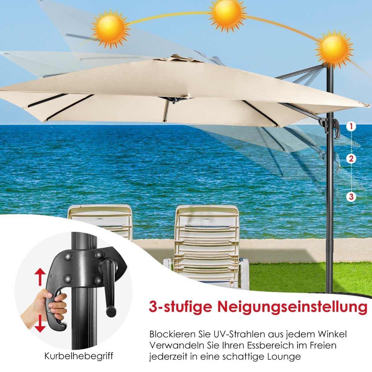 Parasol with 3 tilt settings for gardens, terraces, cafes, 300 x 300 x 273 cm, beige