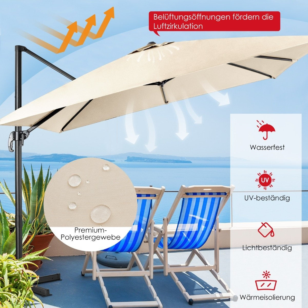 Parasol with 3 tilt settings for gardens, terraces, cafes, 300 x 300 x 273 cm, beige