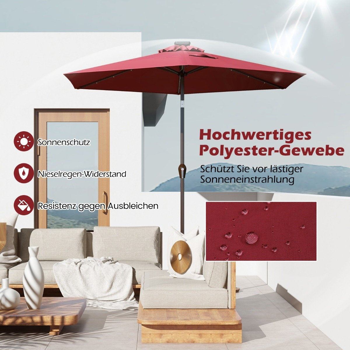 Parasol with solar LED lighting, cantilever umbrella, garden umbrella, crank umbrella, 2.7 m, red