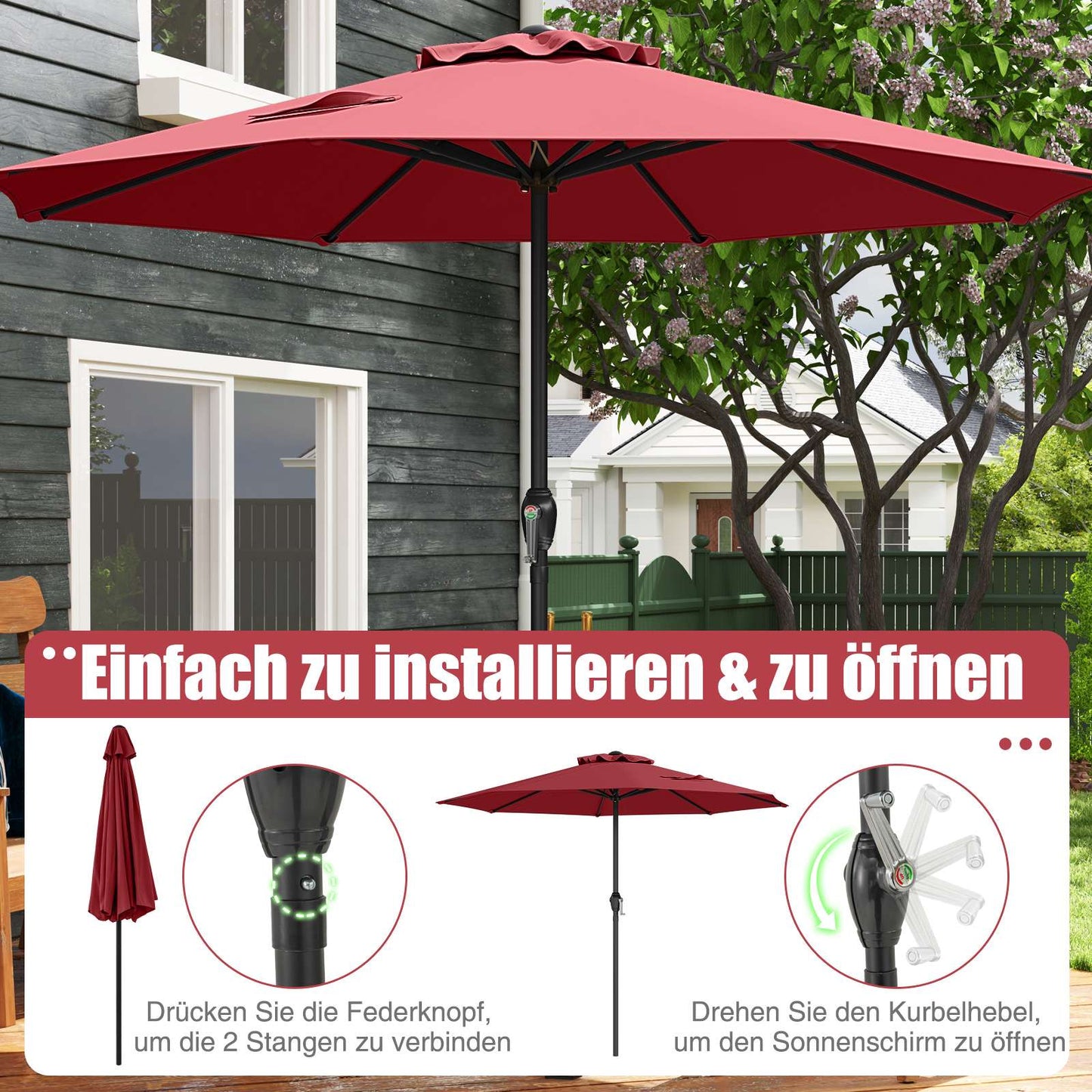 Patio Umbrella 250 cm with Crank, 8 Ribs, Burgundy
