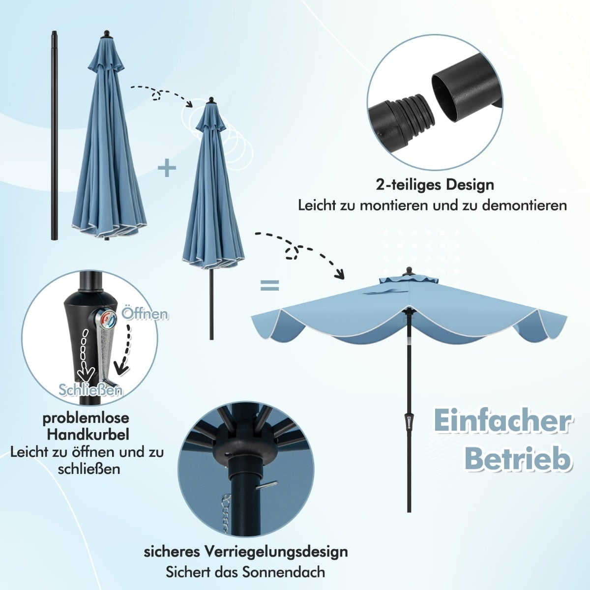 Patio Umbrella, 280 cm, Tilt & Crank, Blue, Ruffled Edges