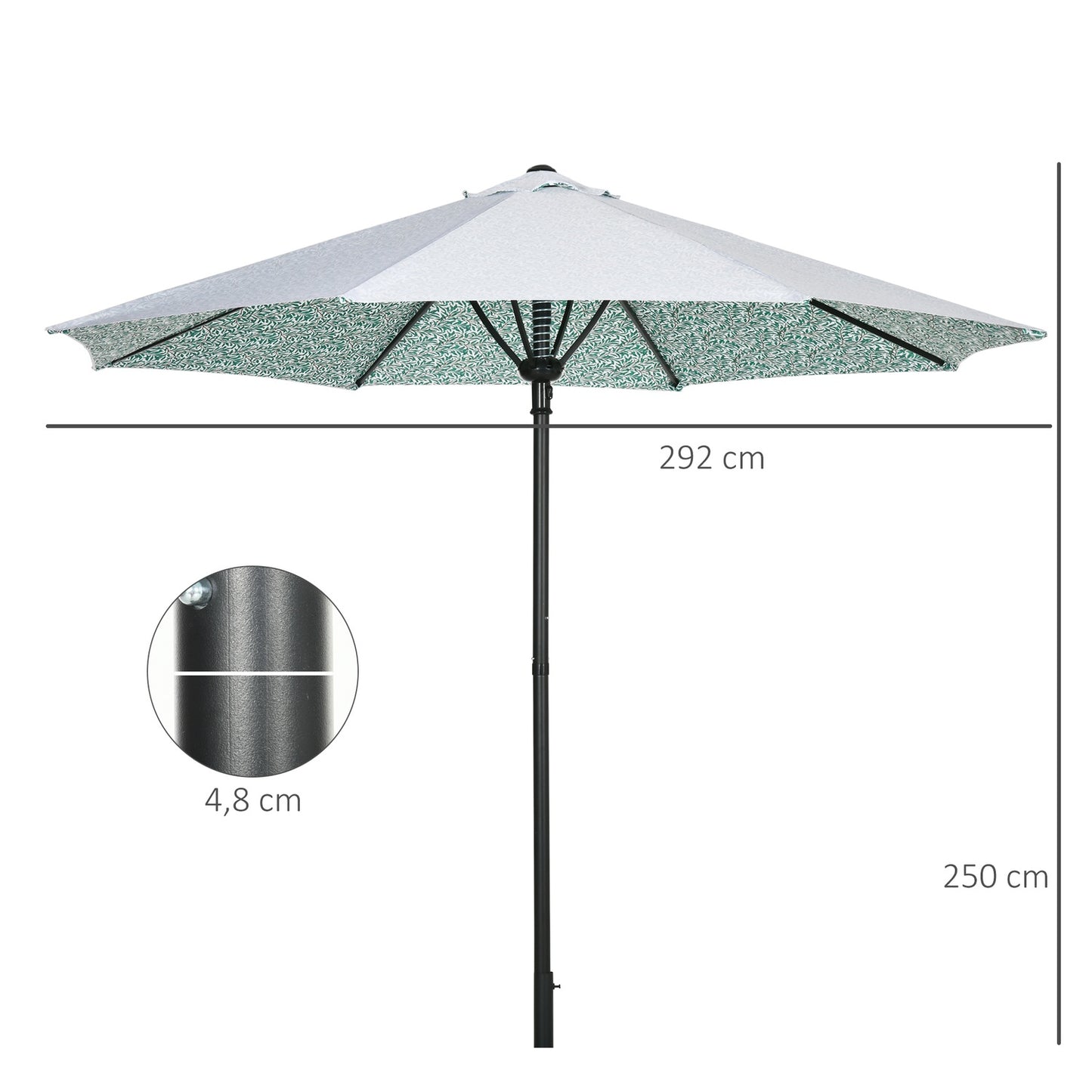 Large green patio umbrella with metal pole - Ø292 cm