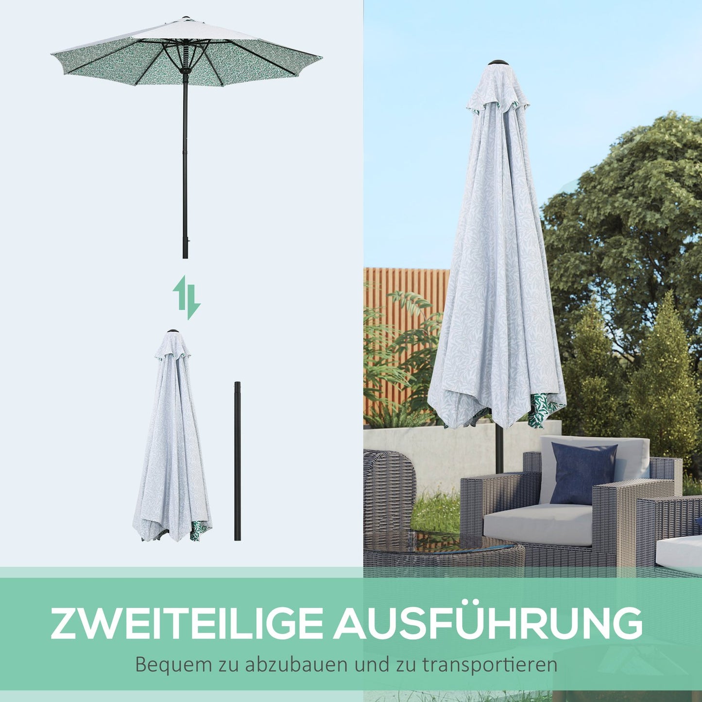 Large green patio umbrella with metal pole - Ø292 cm