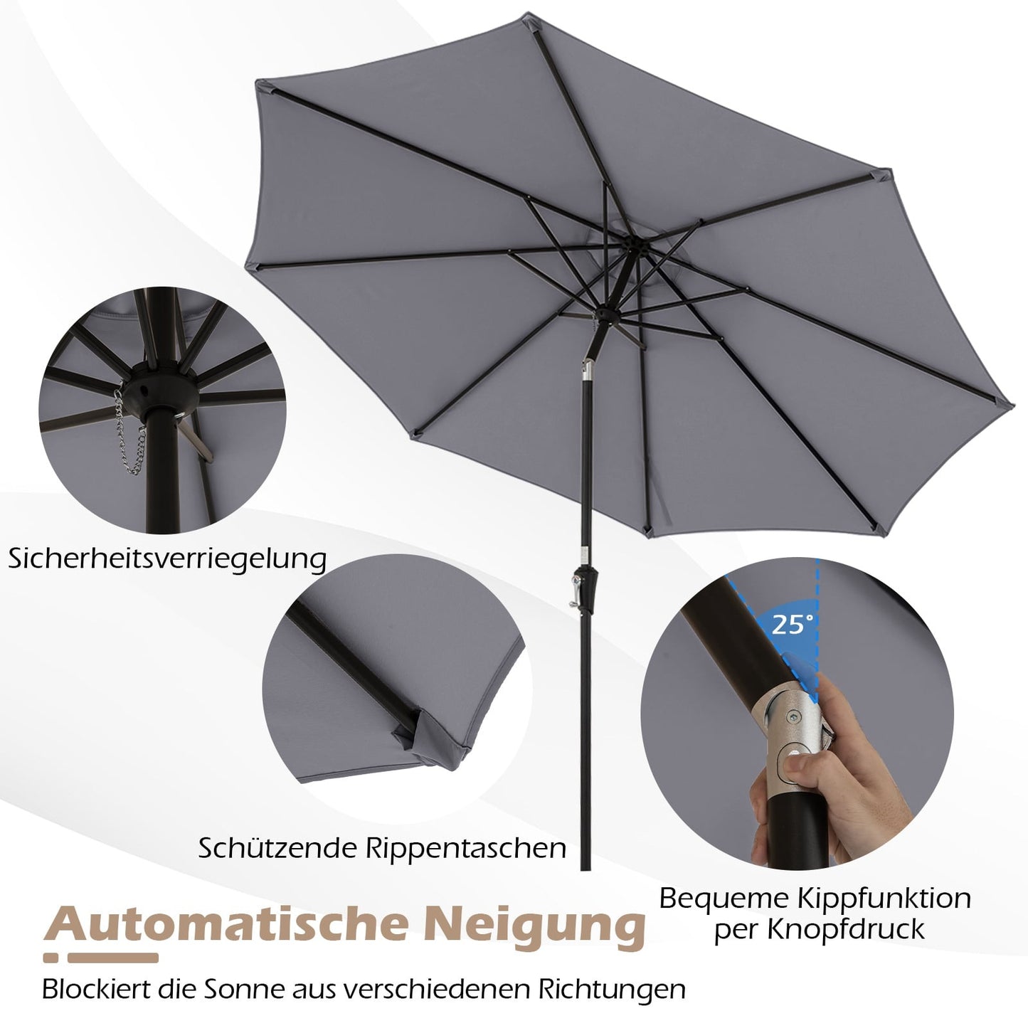 Patio Umbrella, 300 cm, Tilt & Crank, Grey, Water-Resistant