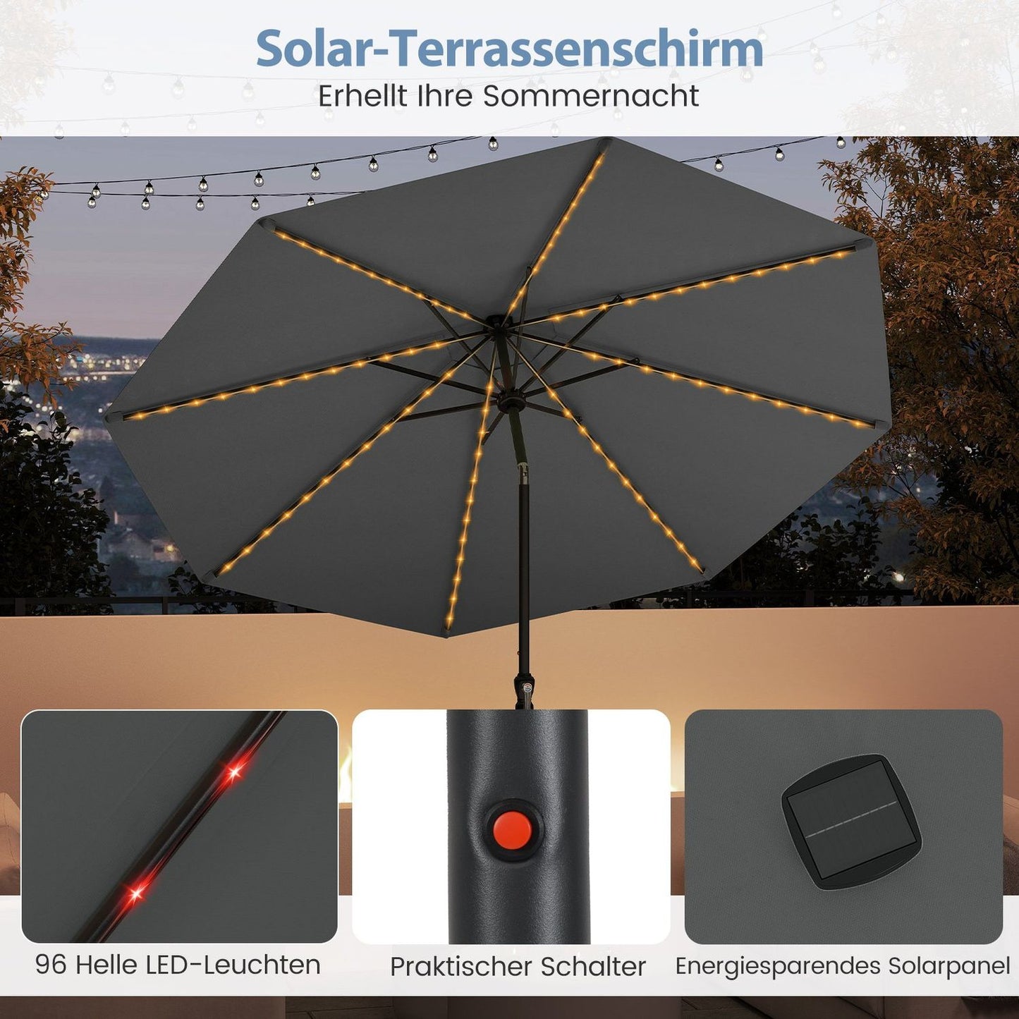 Patio Umbrella 300cm with Solar LED Lights, 9 Modes