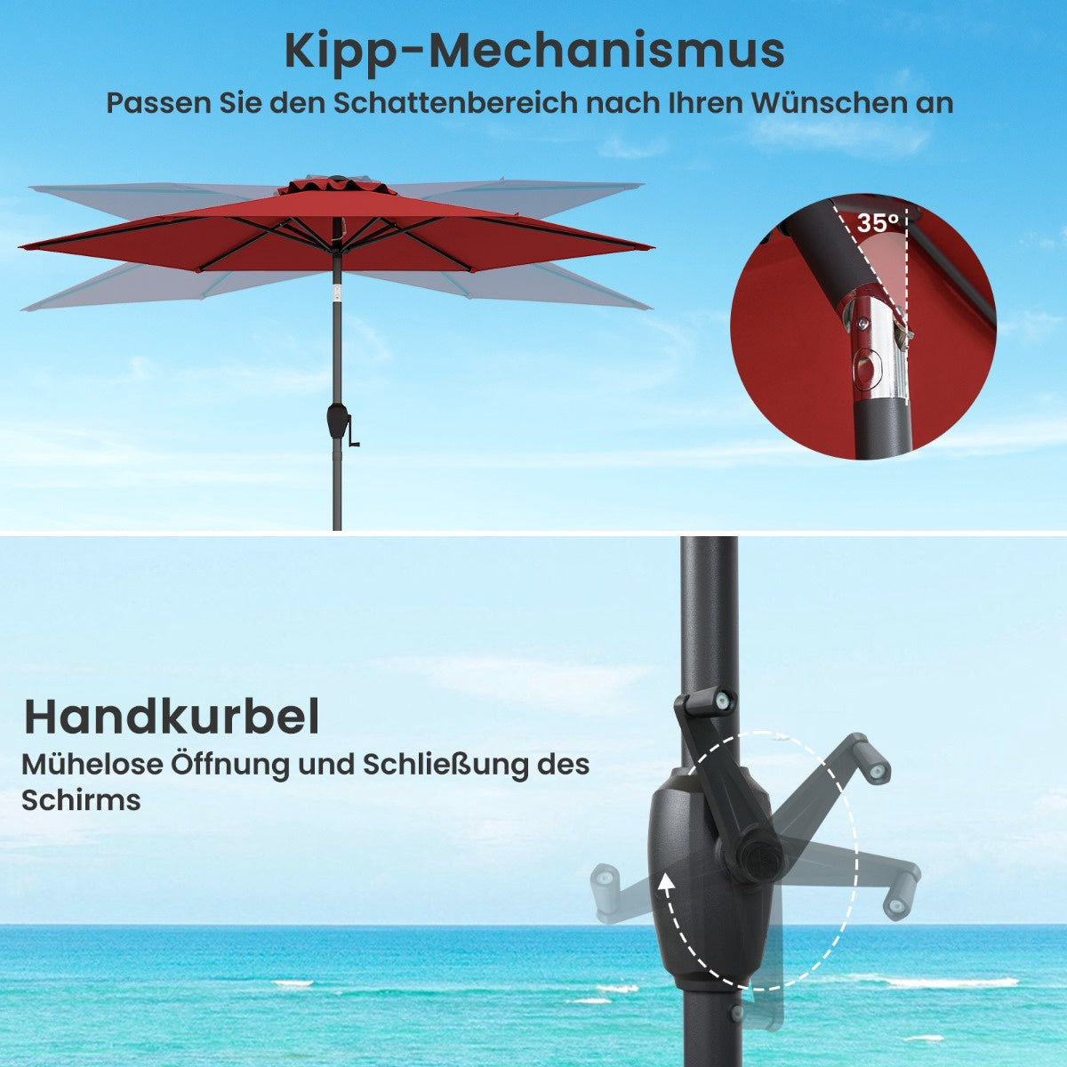 Patio Umbrella with Crank, 230 cm, Red, Adjustable Tilt