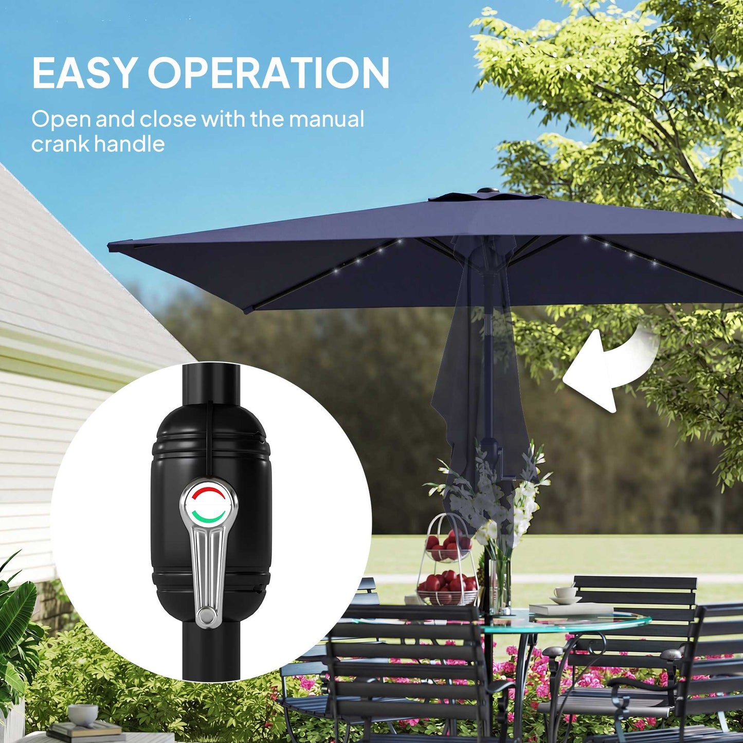 Patio Umbrella with Solar LED Lights, Tilt & Crank, Navy