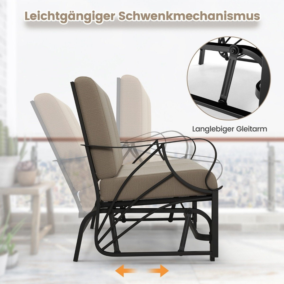 Patio bench with cushions sprayed metal frame curved armrests ergonomic design brown