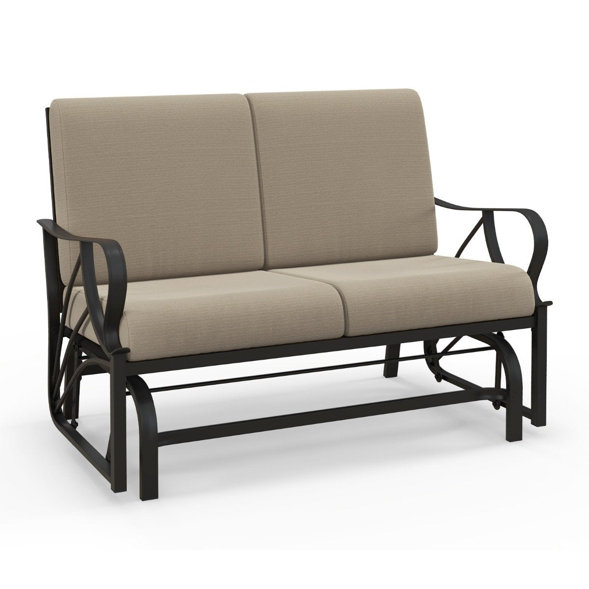 Patio bench with cushions sprayed metal frame curved armrests ergonomic design brown