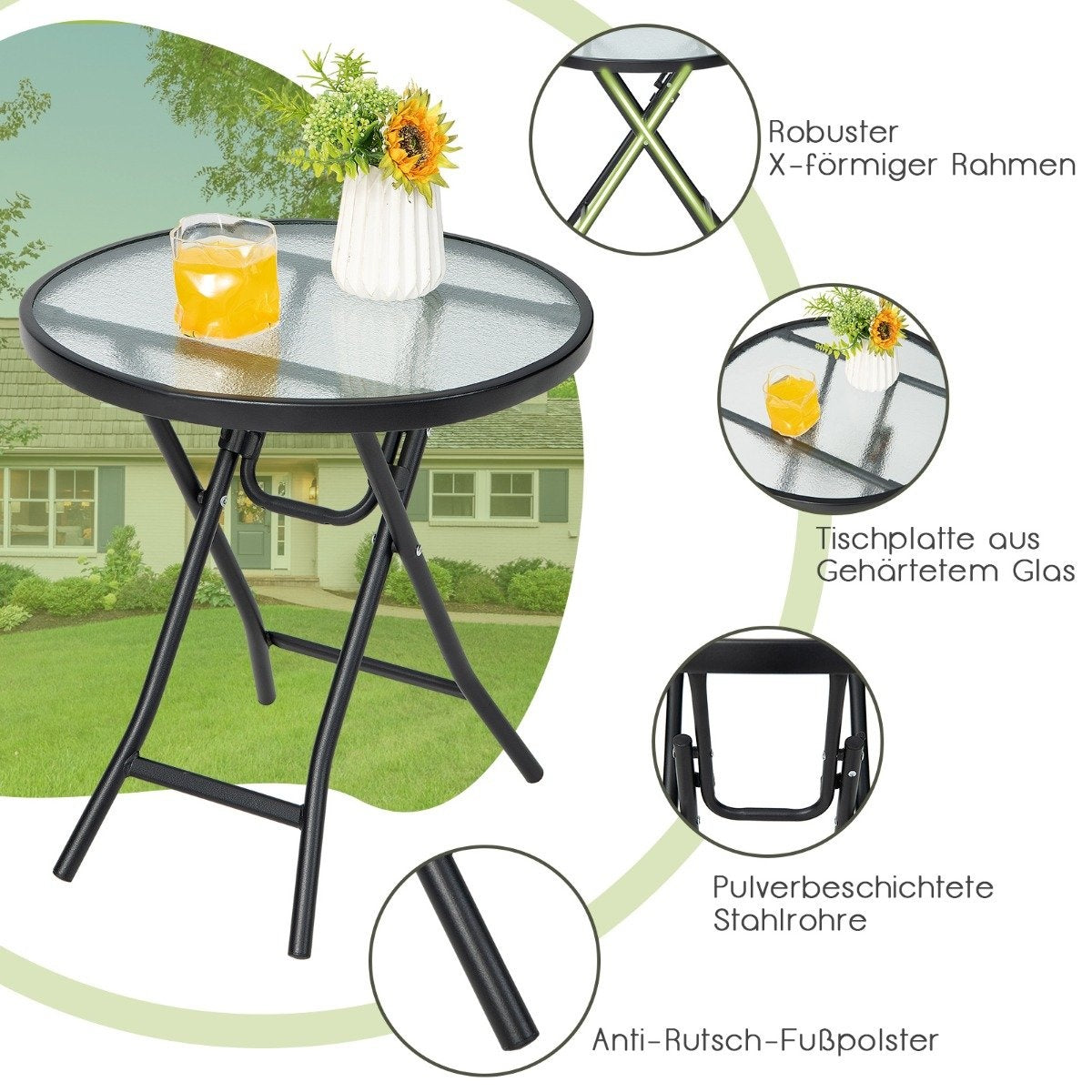 Patio dining table round glass table with tempered glass table top 46.5 x 46.5 x 47.5 cm black